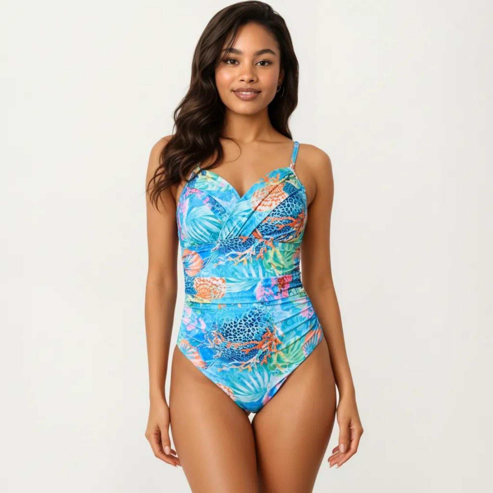 Anna-Kaci Women's One Piece Swimsuit with Wrap Front Design Ruched Waist Adjustable Strap Tropical Print