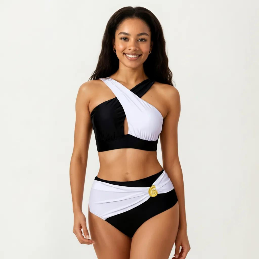 Anna-Kaci Women's 2-Piece Bikini Set with Cross Front Strap Color Block Top Cutout Detail High Waisted Bottom