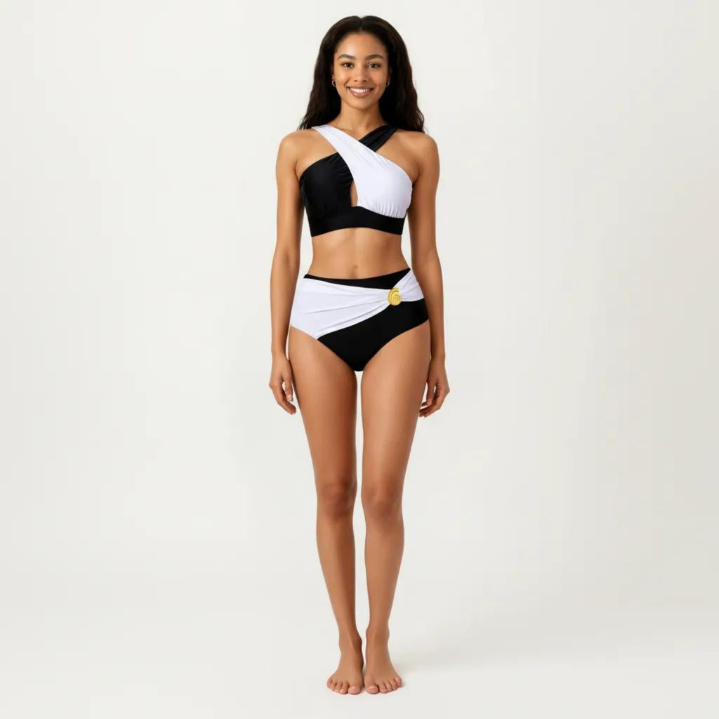 Anna-Kaci Women's 2-Piece Bikini Set with Cross Front Strap Color Block Top Cutout Detail High Waisted Bottom