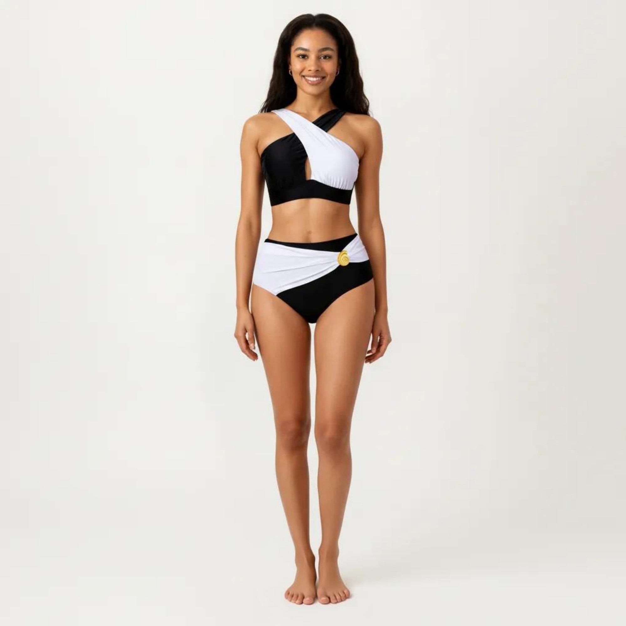 Anna-Kaci Women's 2-Piece Bikini Set with Cross Front Strap Color Block Top Cutout Detail High Waisted Bottom