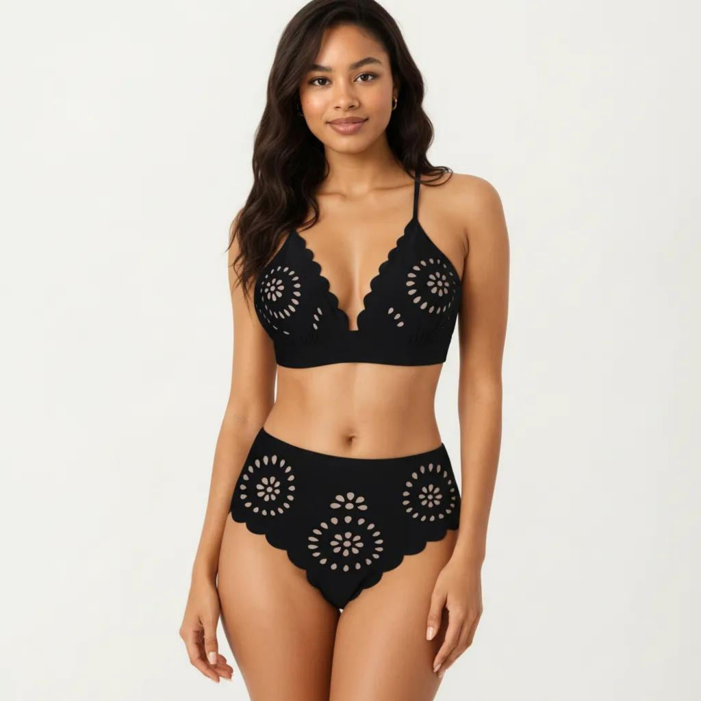 Anna-Kaci Women's 2-Piece Bikini Set with Scalloped Trim Laser Cut Design Triangle Top High Waisted Bottom