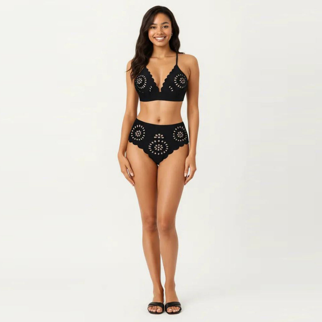 Anna-Kaci Women's 2-Piece Bikini Set with Scalloped Trim Laser Cut Design Triangle Top High Waisted Bottom