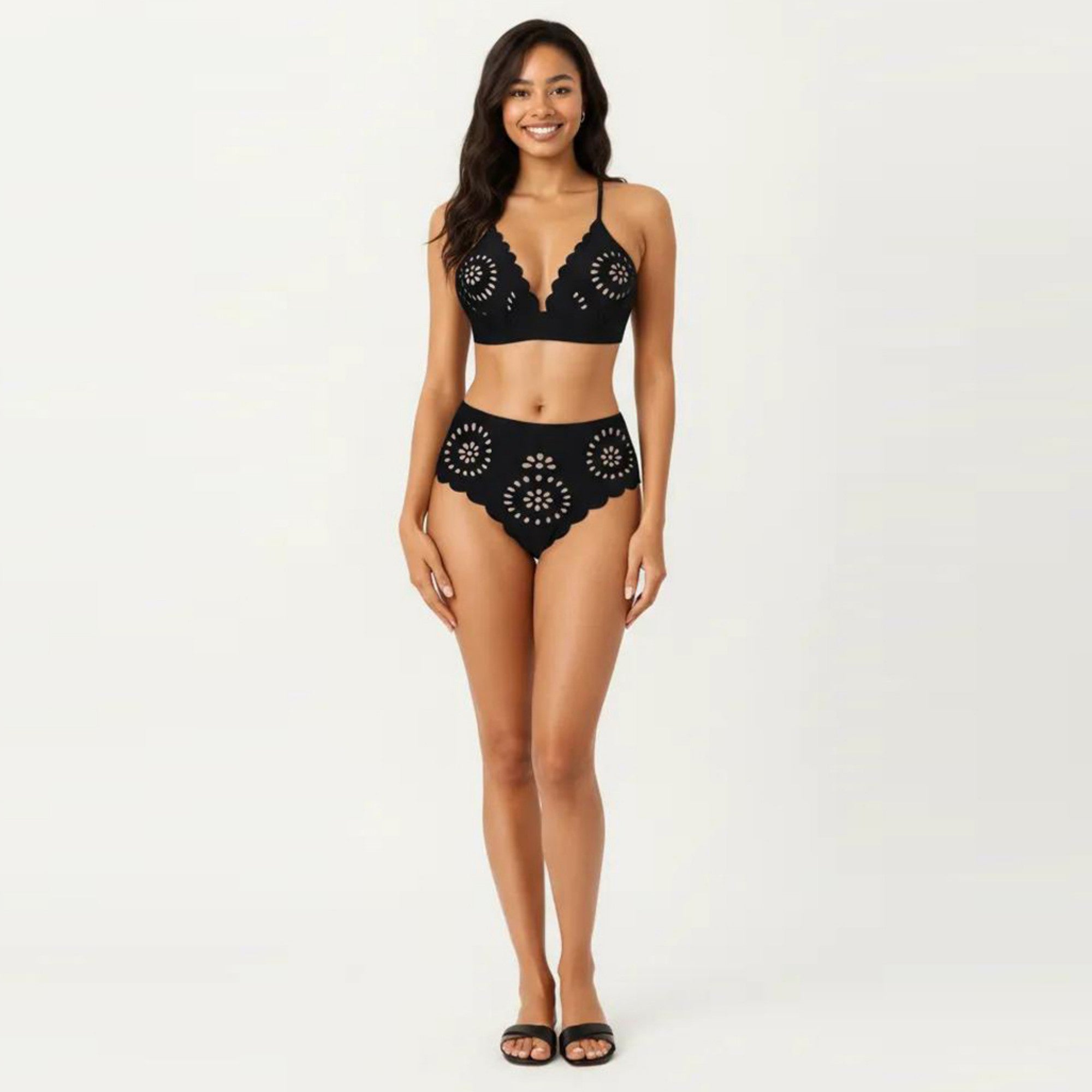 Anna-Kaci Women's 2-Piece Bikini Set with Scalloped Trim Laser Cut Design Triangle Top High Waisted Bottom