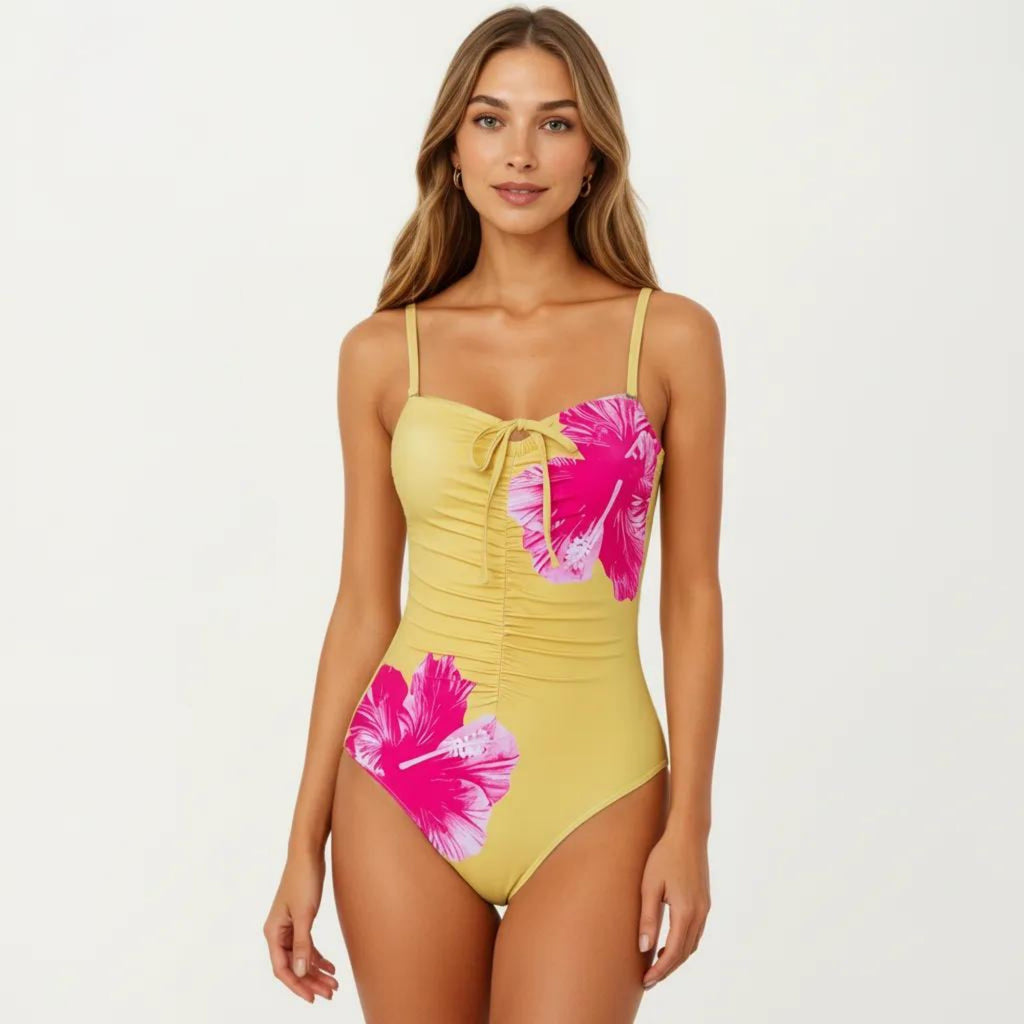 Anna-Kaci Women's One Piece Swimsuit with Sweetheart Neck Front Tie Detail Ruched Waist Floral Print