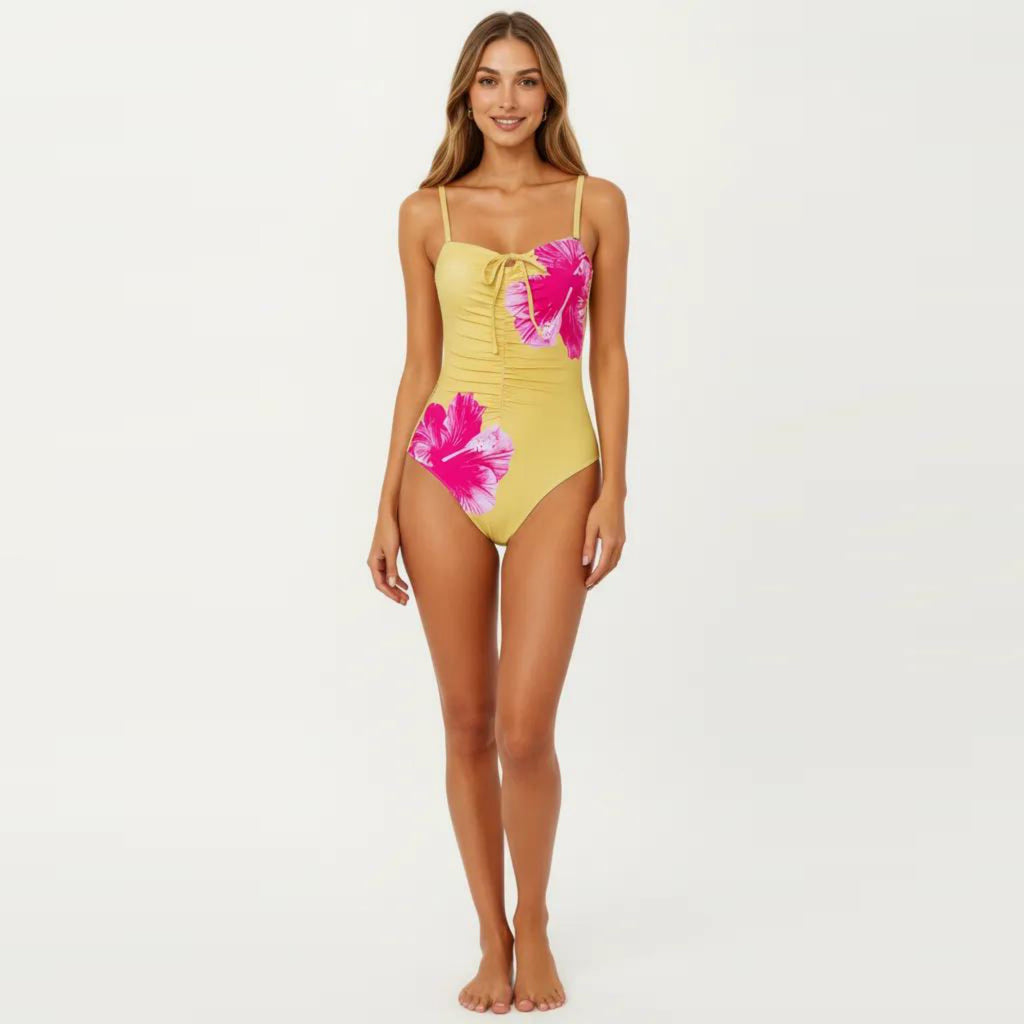 Anna-Kaci Women's One Piece Swimsuit with Sweetheart Neck Front Tie Detail Ruched Waist Floral Print