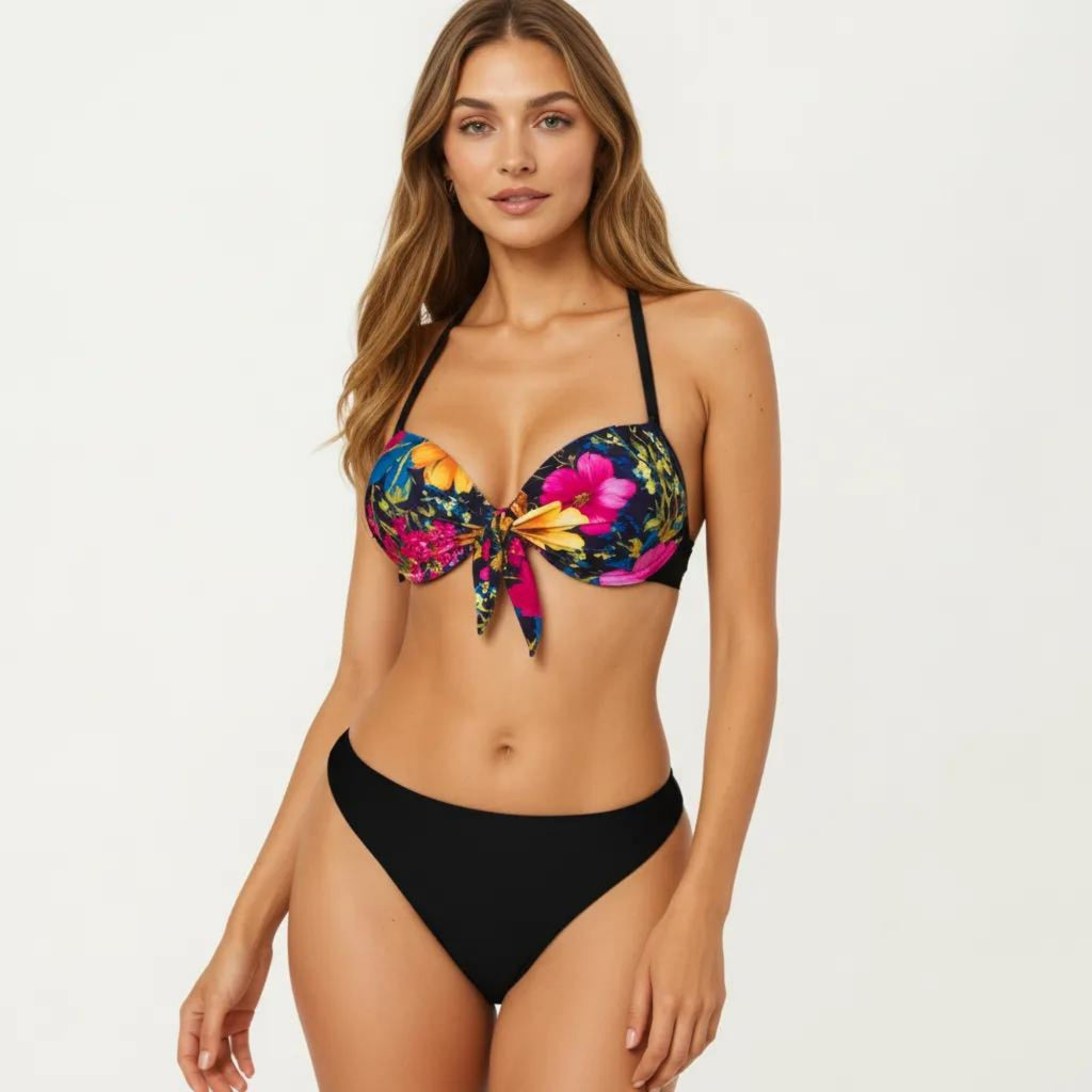 Anna-Kaci Women's 2-Piece Bikini Set with Push Up Underwire Top Front Tie Detail High Cut Bottom Floral Print