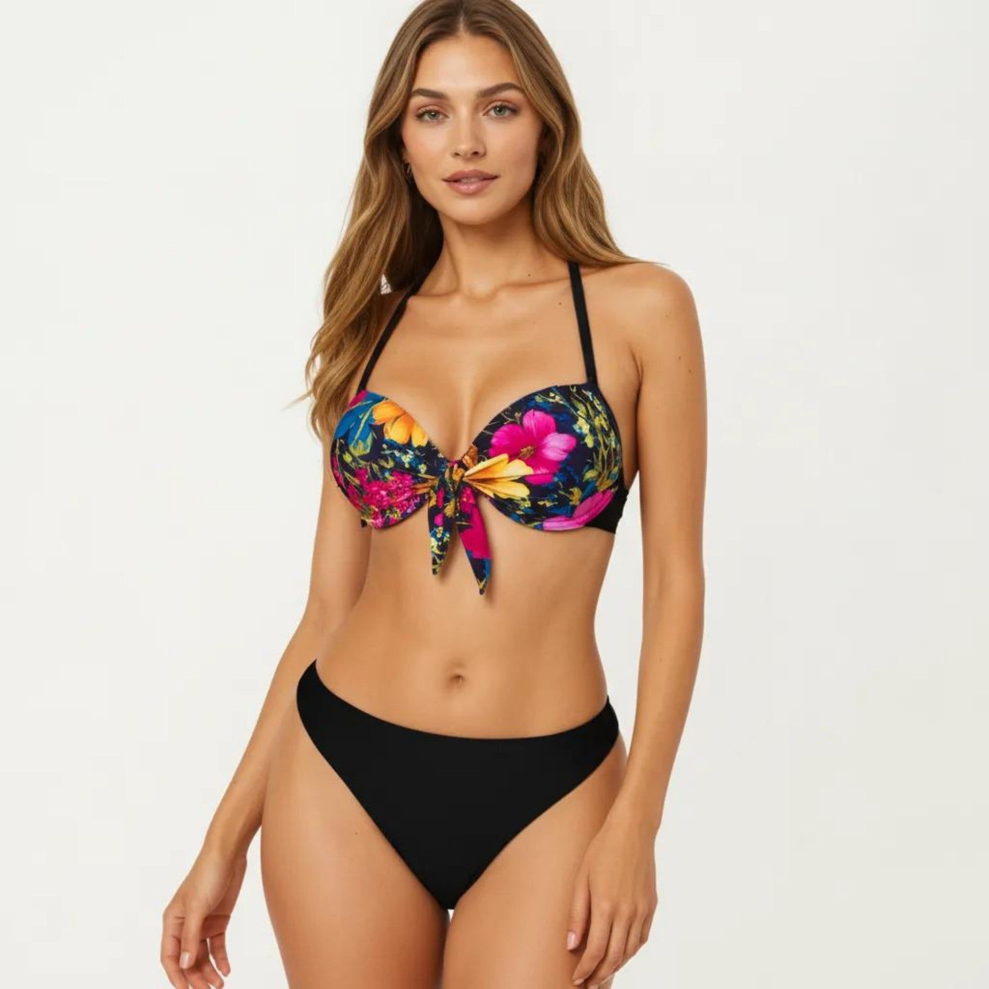 Anna-Kaci Women's 2-Piece Bikini Set with Push Up Underwire Top Front Tie Detail High Cut Bottom Floral Print