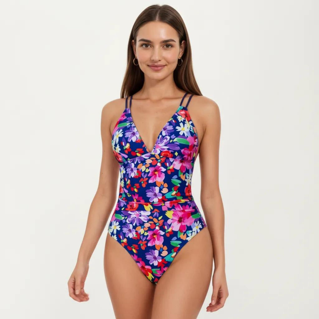 Anna-Kaci Women's One Piece Swimsuit with V Neck Floral Print Design Double Strap Detail Ruched Waist Fit