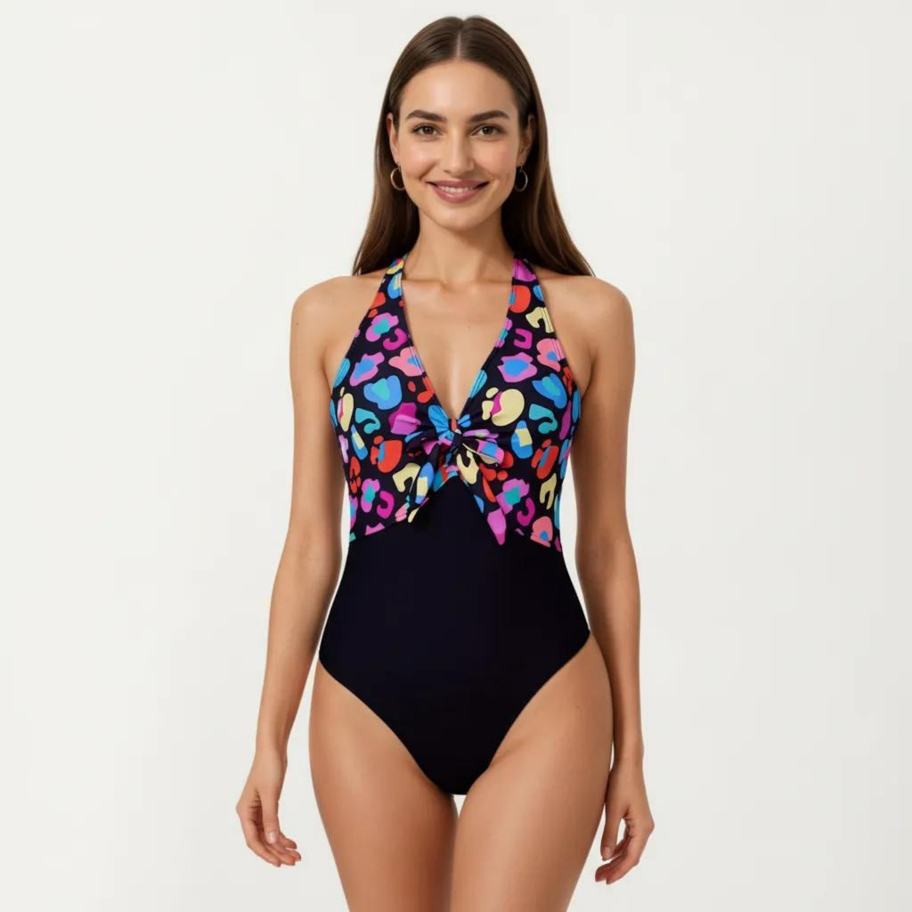 Anna-Kaci Women's Halter One Piece Swimsuit with Twist Front Cutout Design Printed Top Panel Stretch Fit