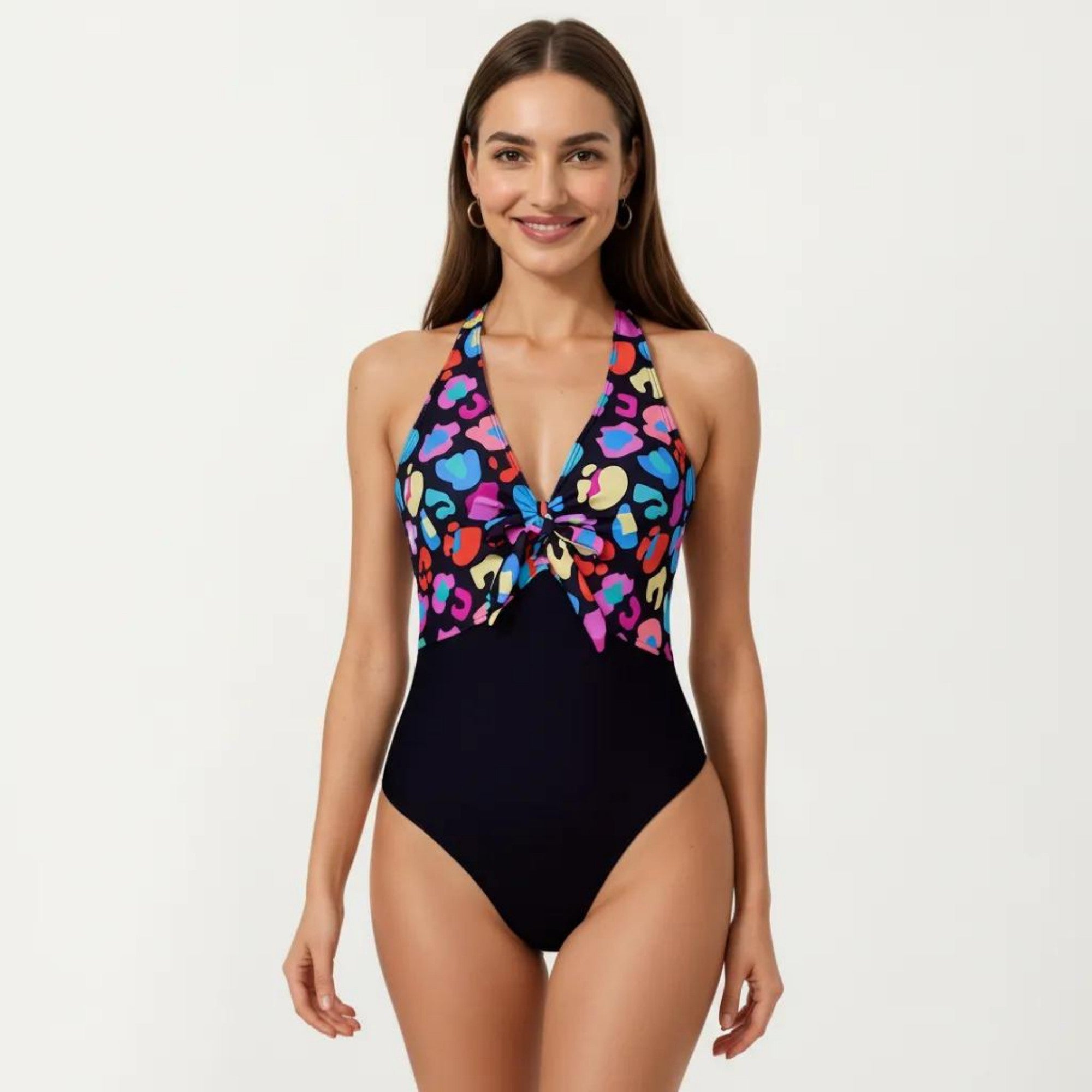 Anna-Kaci Women's Halter One Piece Swimsuit with Twist Front Cutout Design Printed Top Panel Stretch Fit