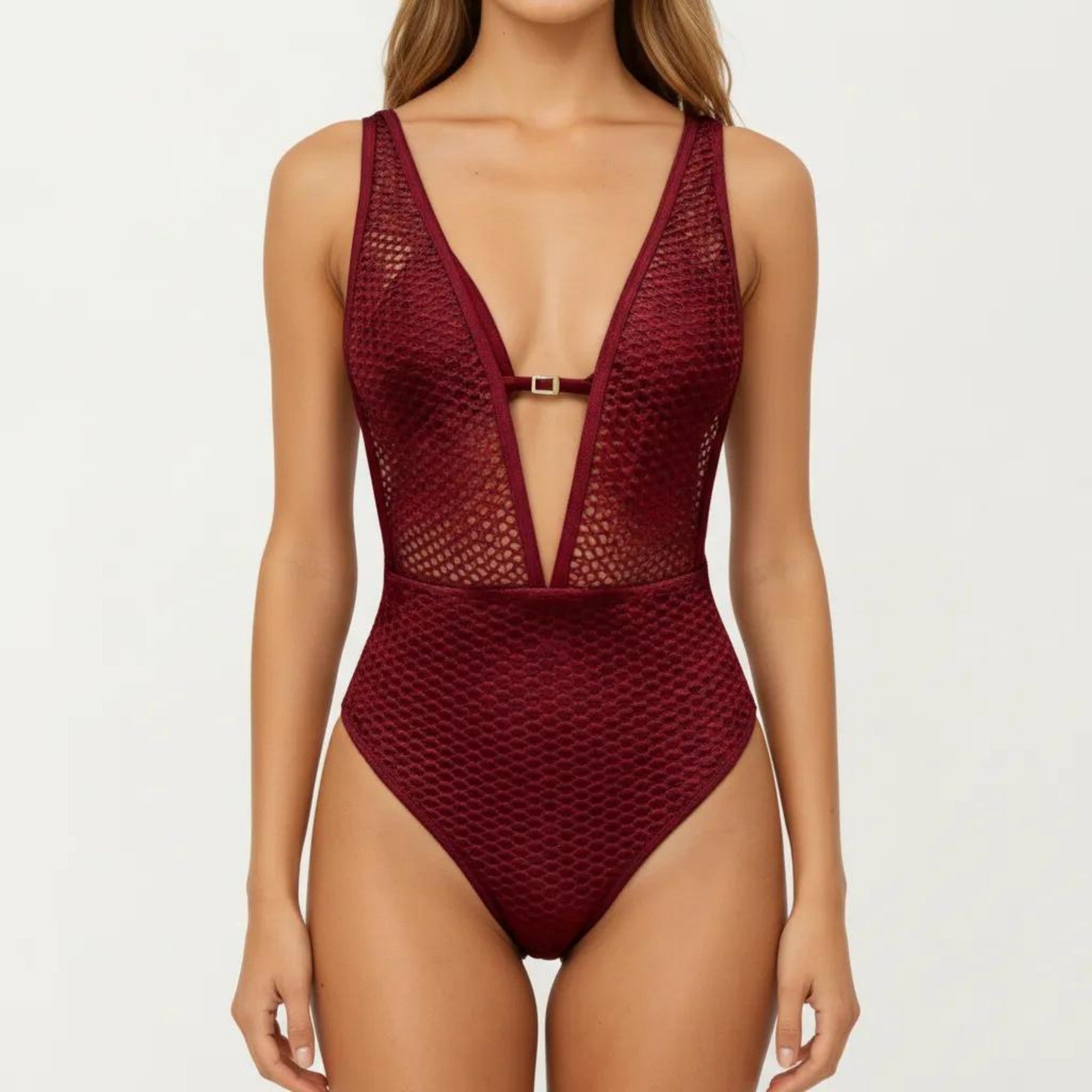 Anna-Kaci Women's Deep V Neck One Piece Swimsuit with Mesh Panel Design Halter Strap Open Back Textured Fit