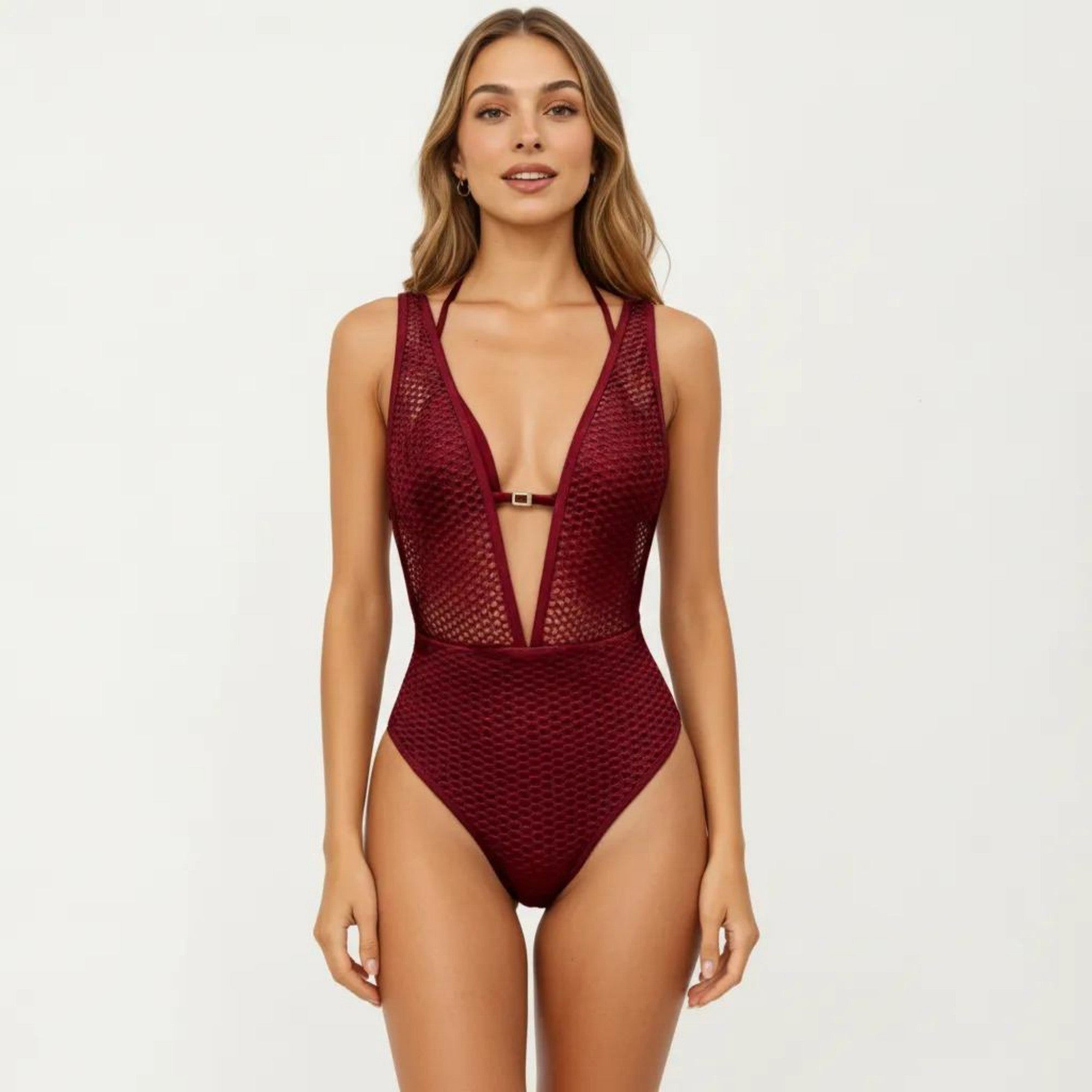 Anna-Kaci Women's Deep V Neck One Piece Swimsuit with Mesh Panel Design Halter Strap Open Back Textured Fit
