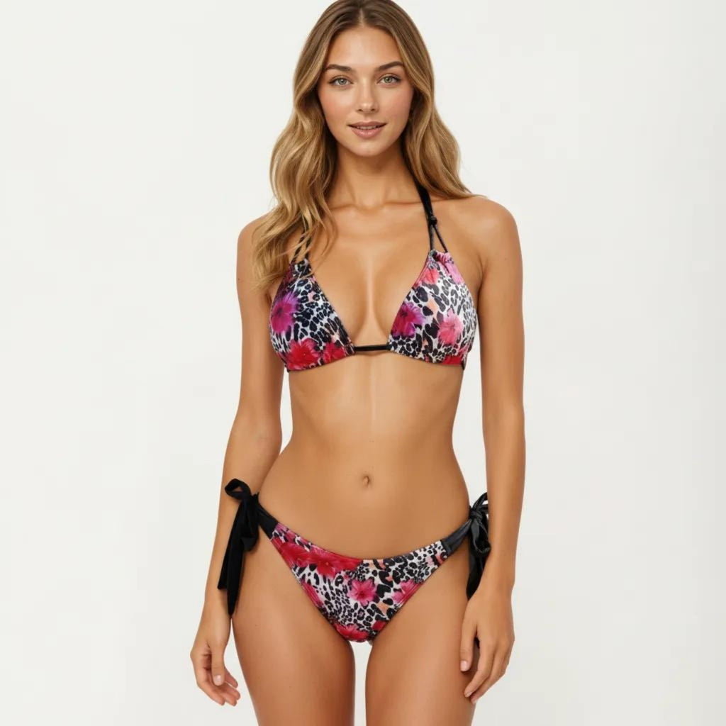 Anna-Kaci Women's 2-Piece Triangle Bikini Set with Halter Tie Top Adjustable String Bottom