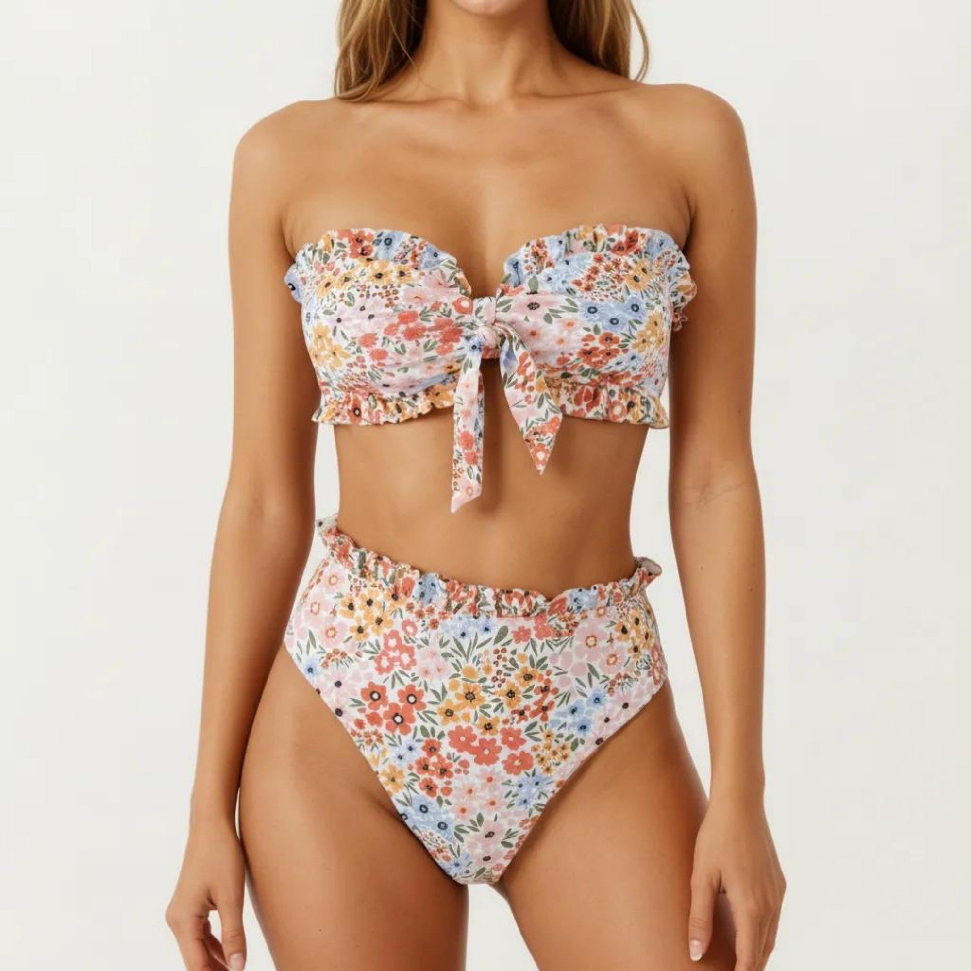 Anna-Kaci Women's 2-Piece Strapless Bandeau Bikini Set with Front Tie Knot Top High Waisted Ruffle Trim Bottom