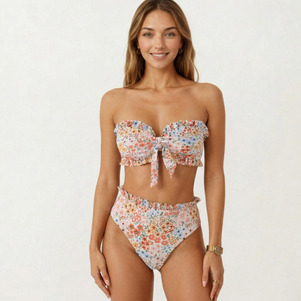 Anna-Kaci Women's 2-Piece Strapless Bandeau Bikini Set with Front Tie Knot Top High Waisted Ruffle Trim Bottom