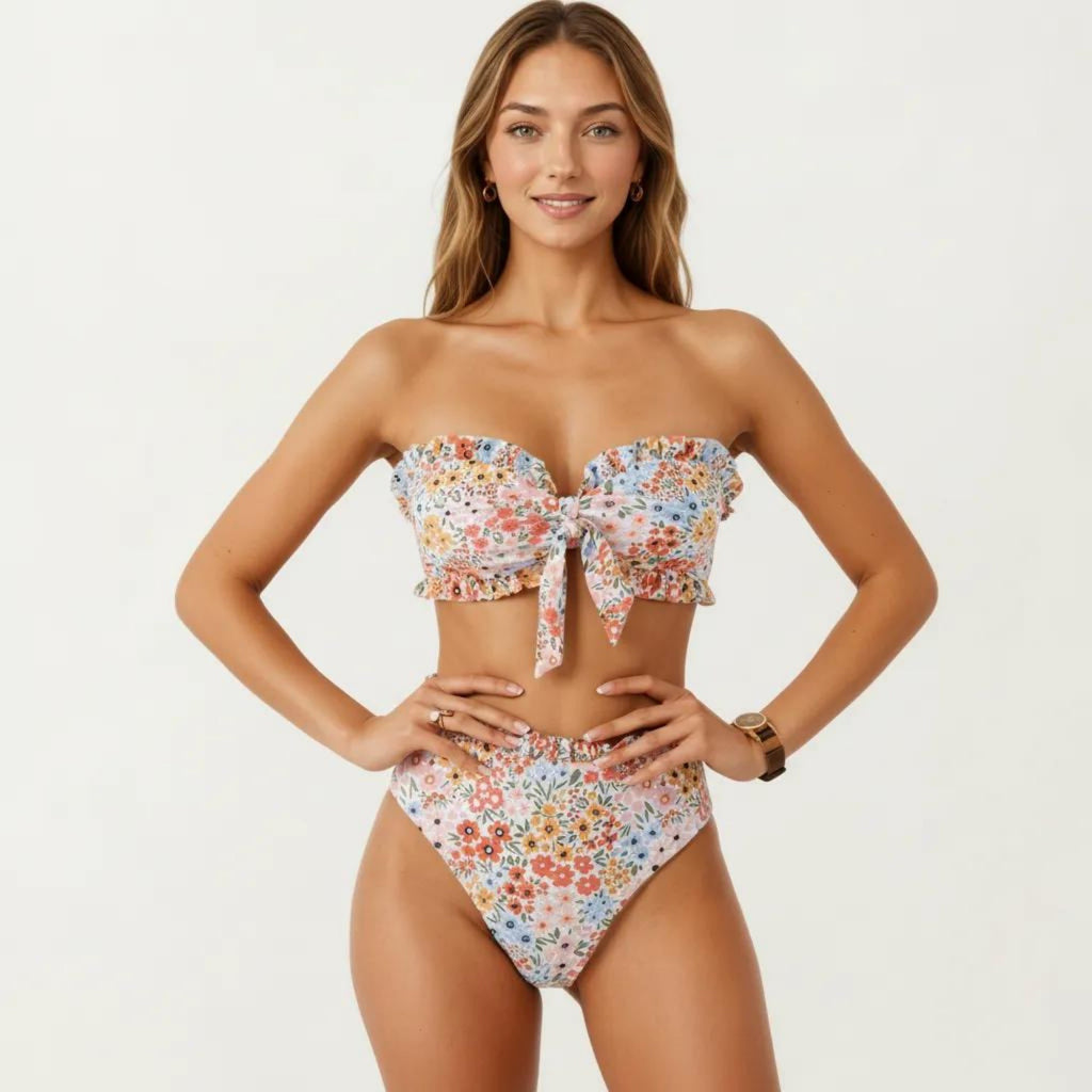 Anna-Kaci Women's 2-Piece Strapless Bandeau Bikini Set with Front Tie Knot Top High Waisted Ruffle Trim Bottom