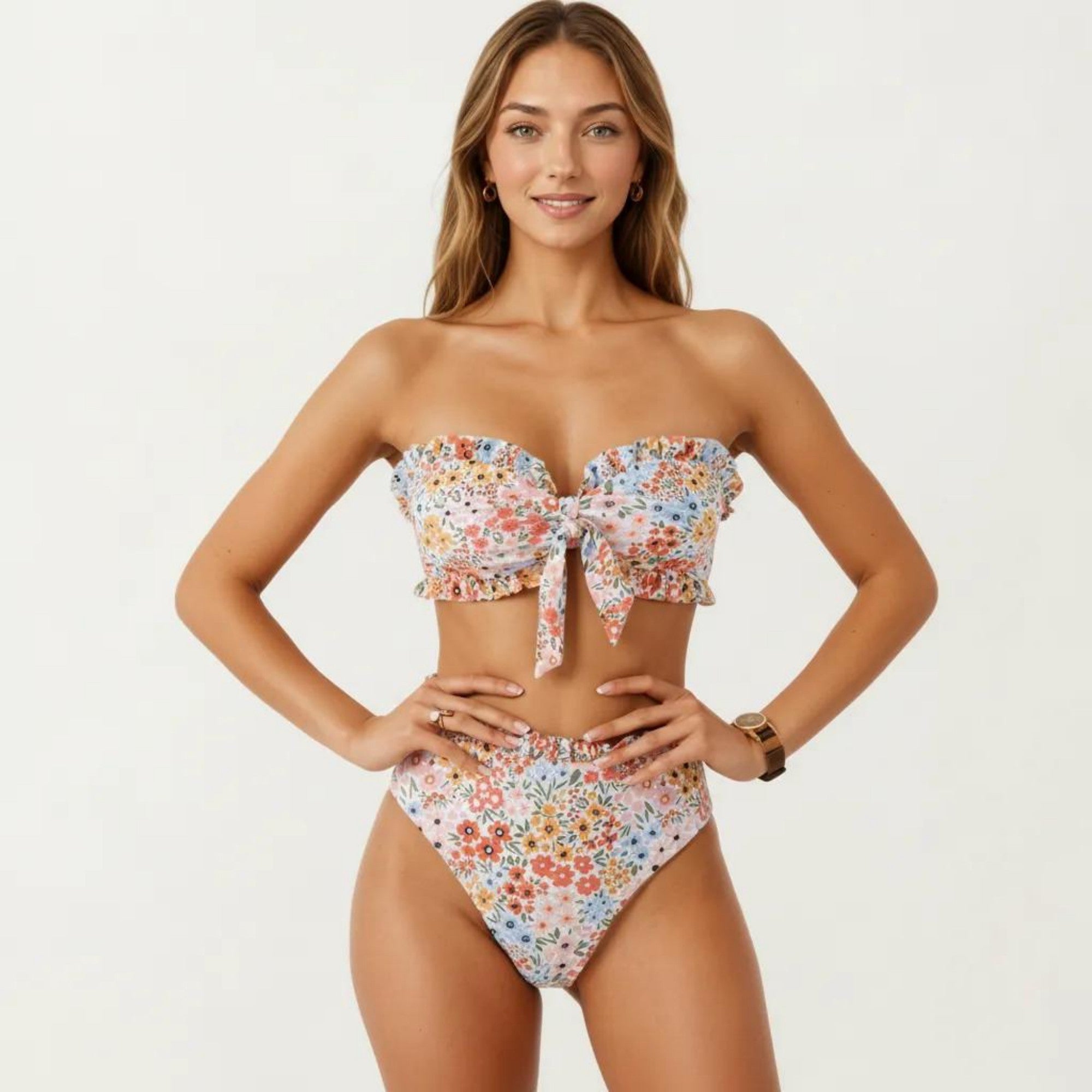 Anna-Kaci Women's 2-Piece Strapless Bandeau Bikini Set with Front Tie Knot Top High Waisted Ruffle Trim Bottom