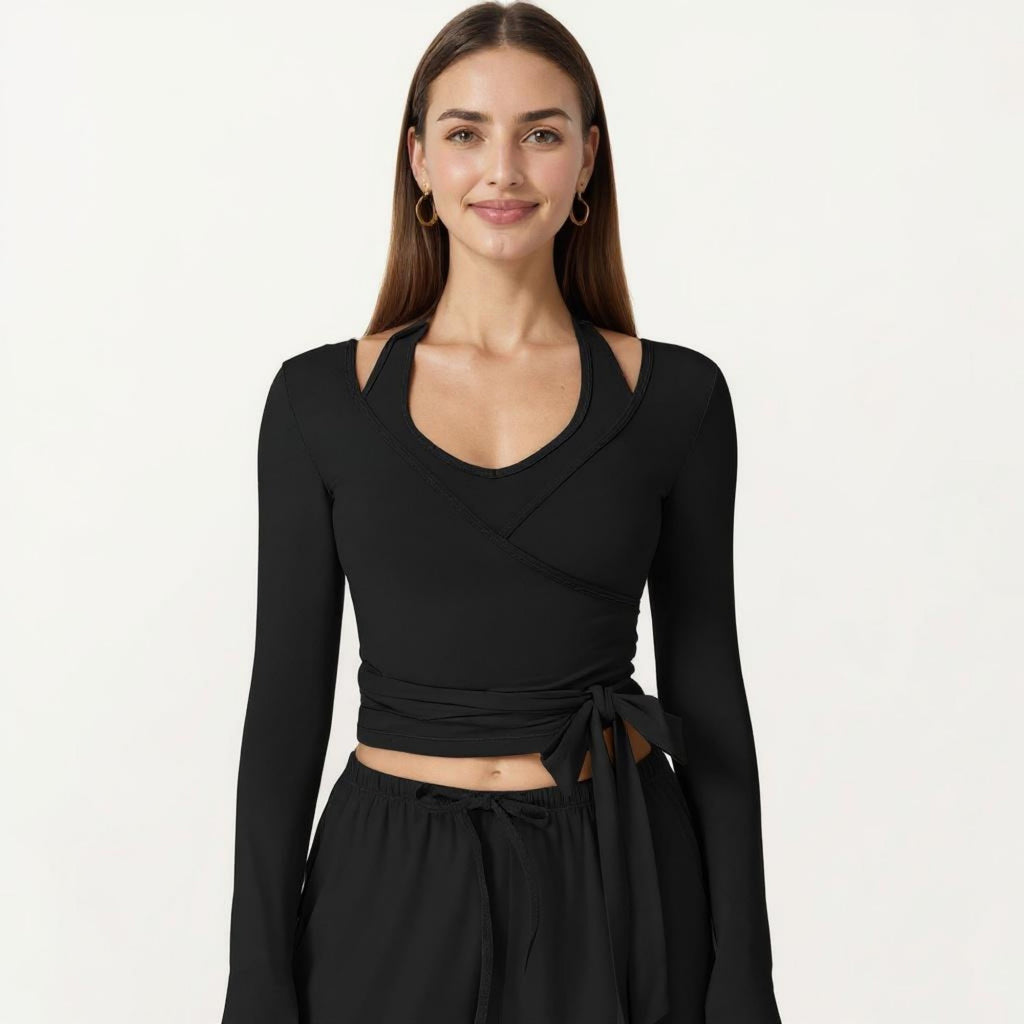 Anna-Kaci Women's Long Sleeve Wrap Front Crop Top with Tie Waist V Neck Fitted Stretch Knit Shirt
