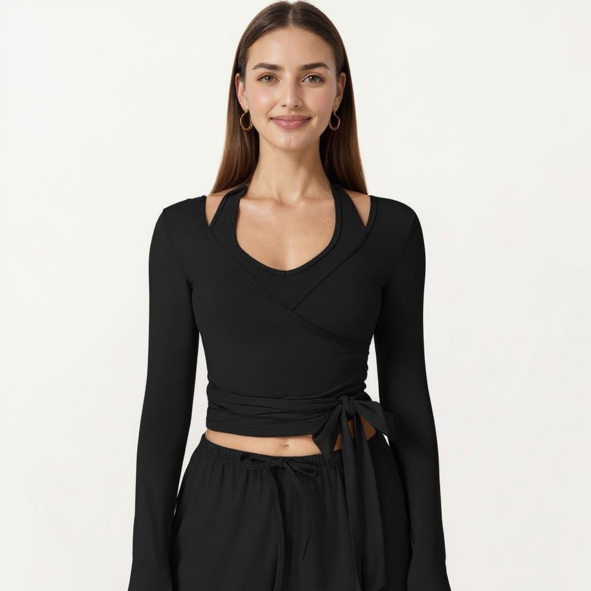 Anna-Kaci Women's Long Sleeve Wrap Front Crop Top with Tie Waist V Neck Fitted Stretch Knit Shirt