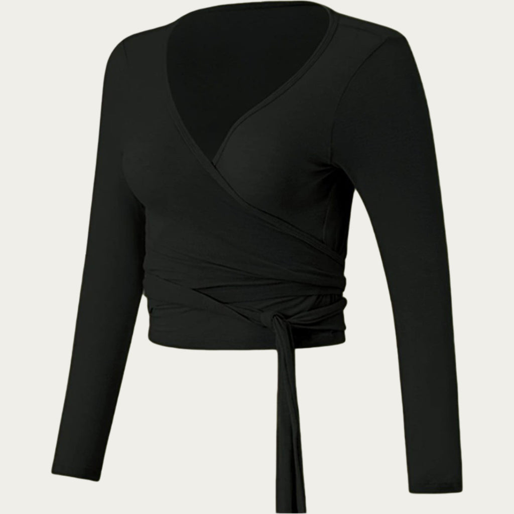 Anna-Kaci Women's Long Sleeve Wrap Front Crop Top with Tie Waist V Neck Fitted Stretch Knit Shirt