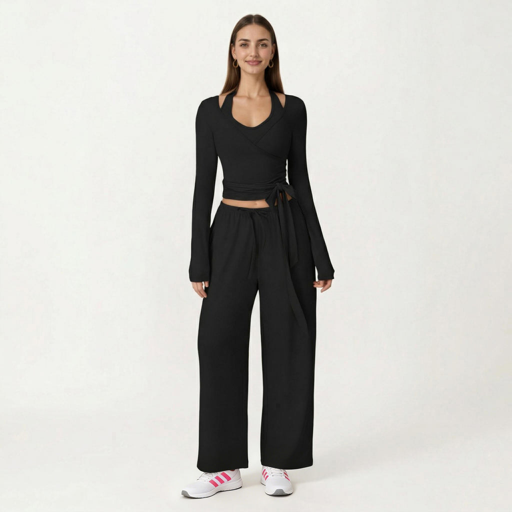 Anna-Kaci Women's Long Sleeve Wrap Front Crop Top with Tie Waist V Neck Fitted Stretch Knit Shirt