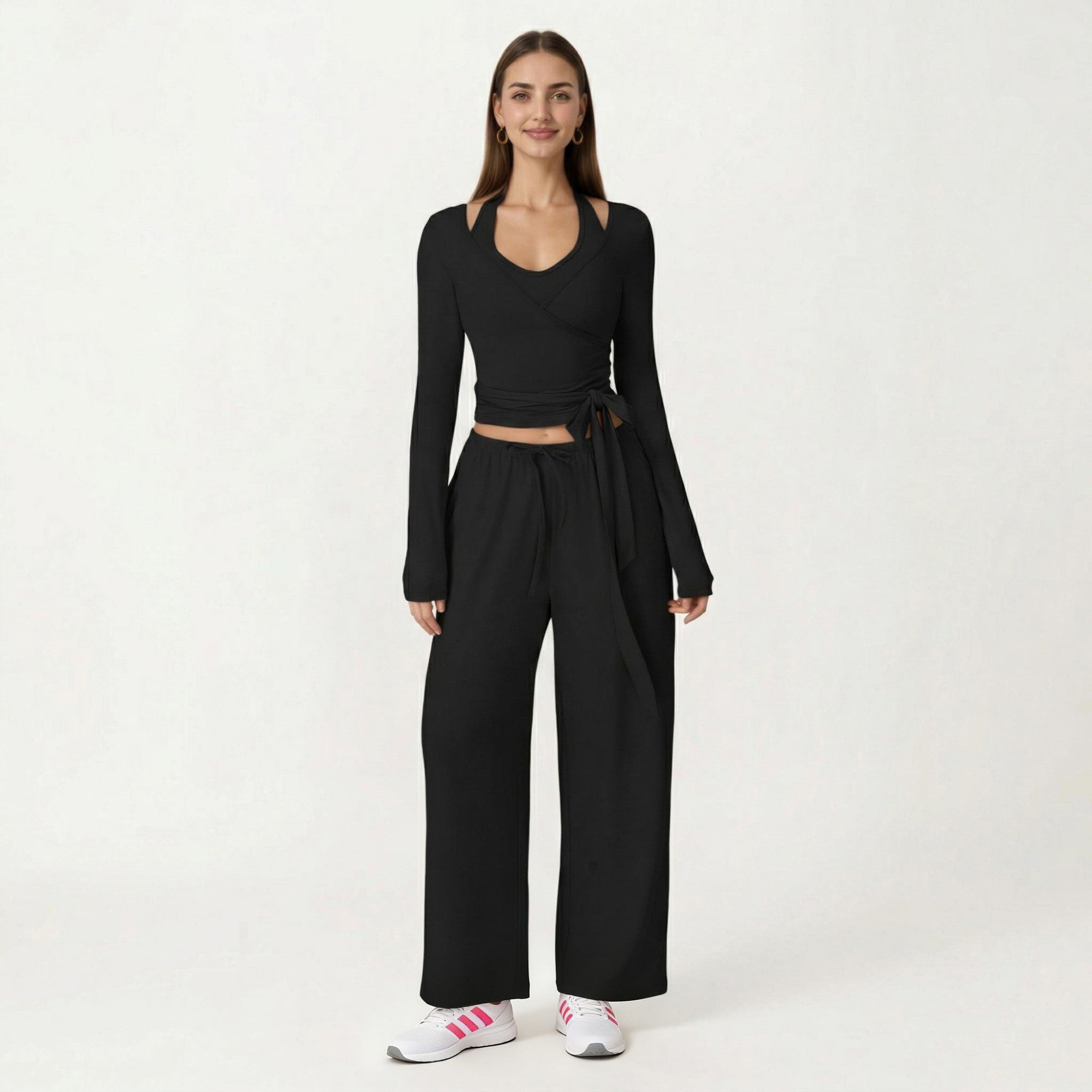 Anna-Kaci Women's Long Sleeve Wrap Front Crop Top with Tie Waist V Neck Fitted Stretch Knit Shirt