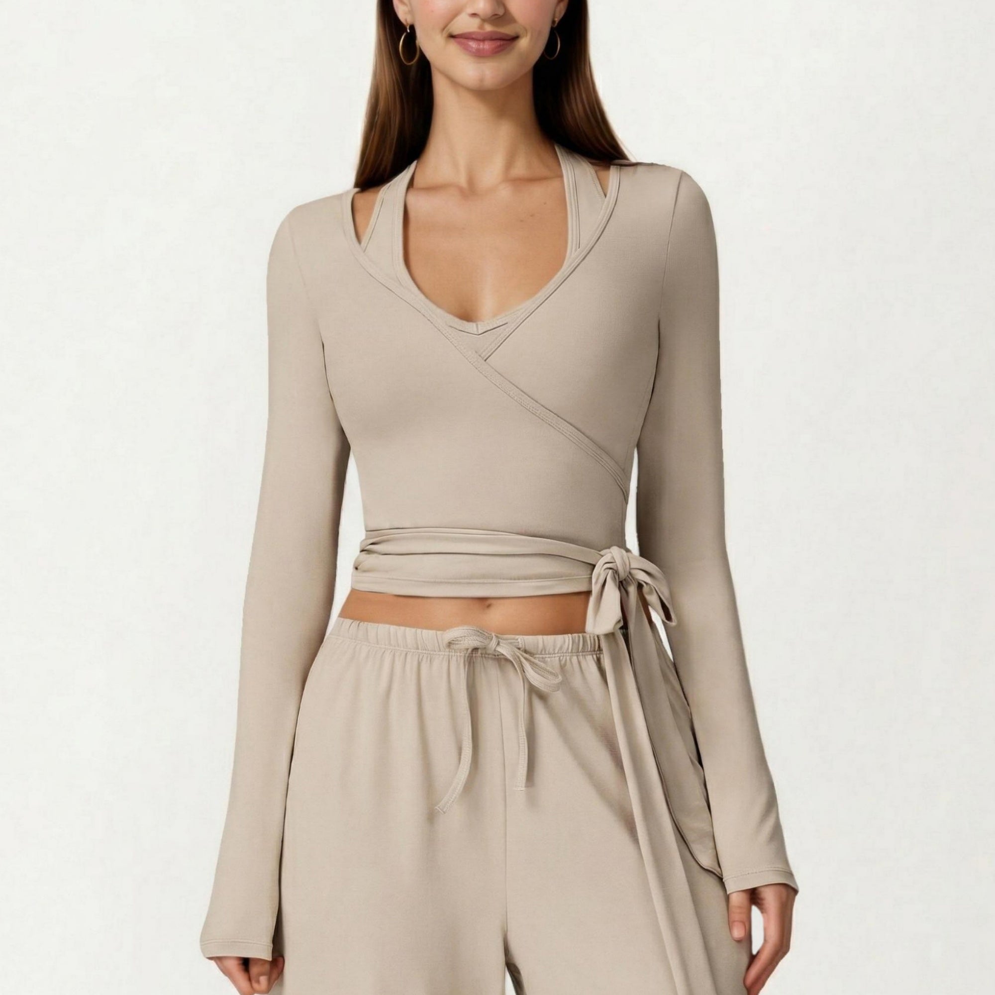 Anna-Kaci Women's Long Sleeve Wrap Front Crop Top with Tie Waist V Neck Fitted Stretch Knit Shirt