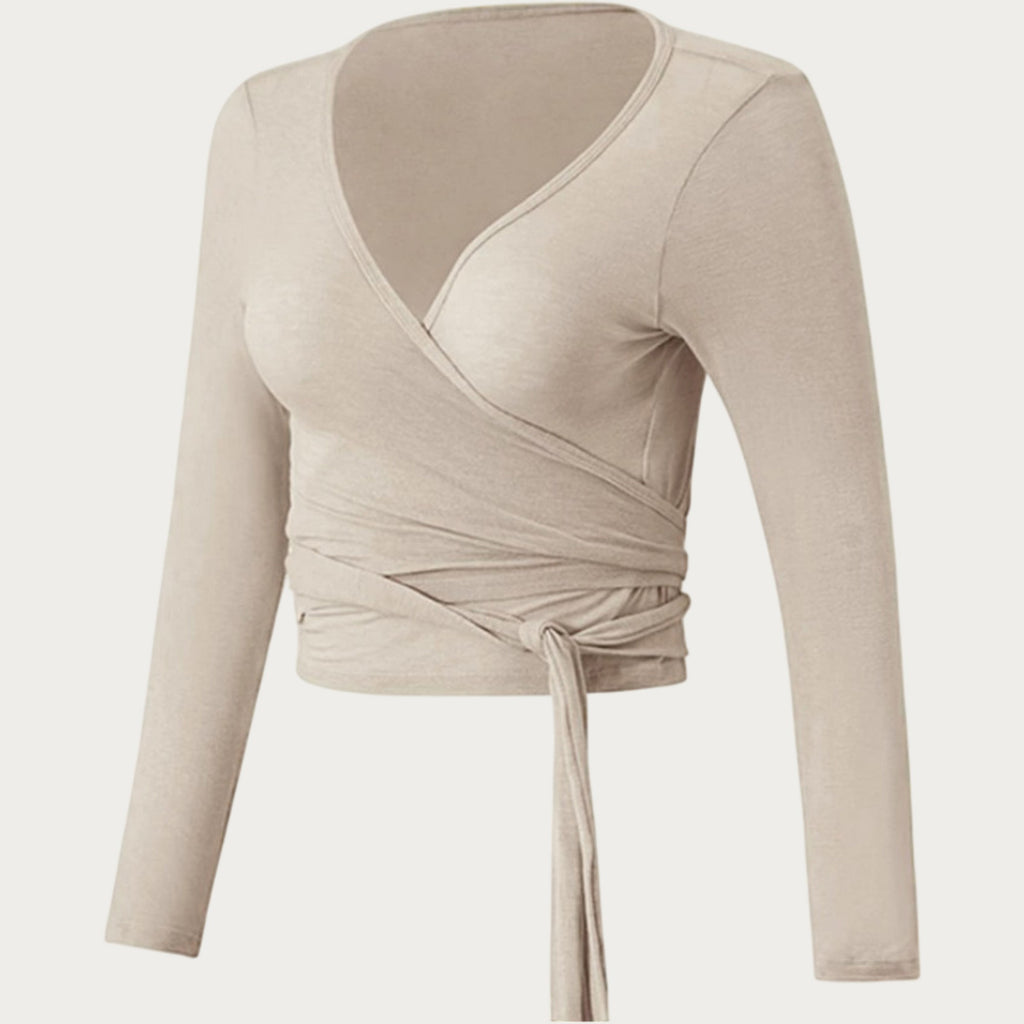 Anna-Kaci Women's Long Sleeve Wrap Front Crop Top with Tie Waist V Neck Fitted Stretch Knit Shirt
