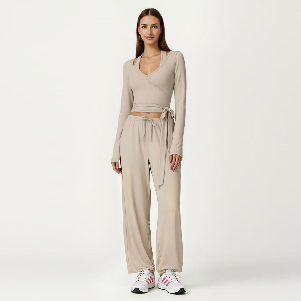 Anna-Kaci Women's Long Sleeve Wrap Front Crop Top with Tie Waist V Neck Fitted Stretch Knit Shirt