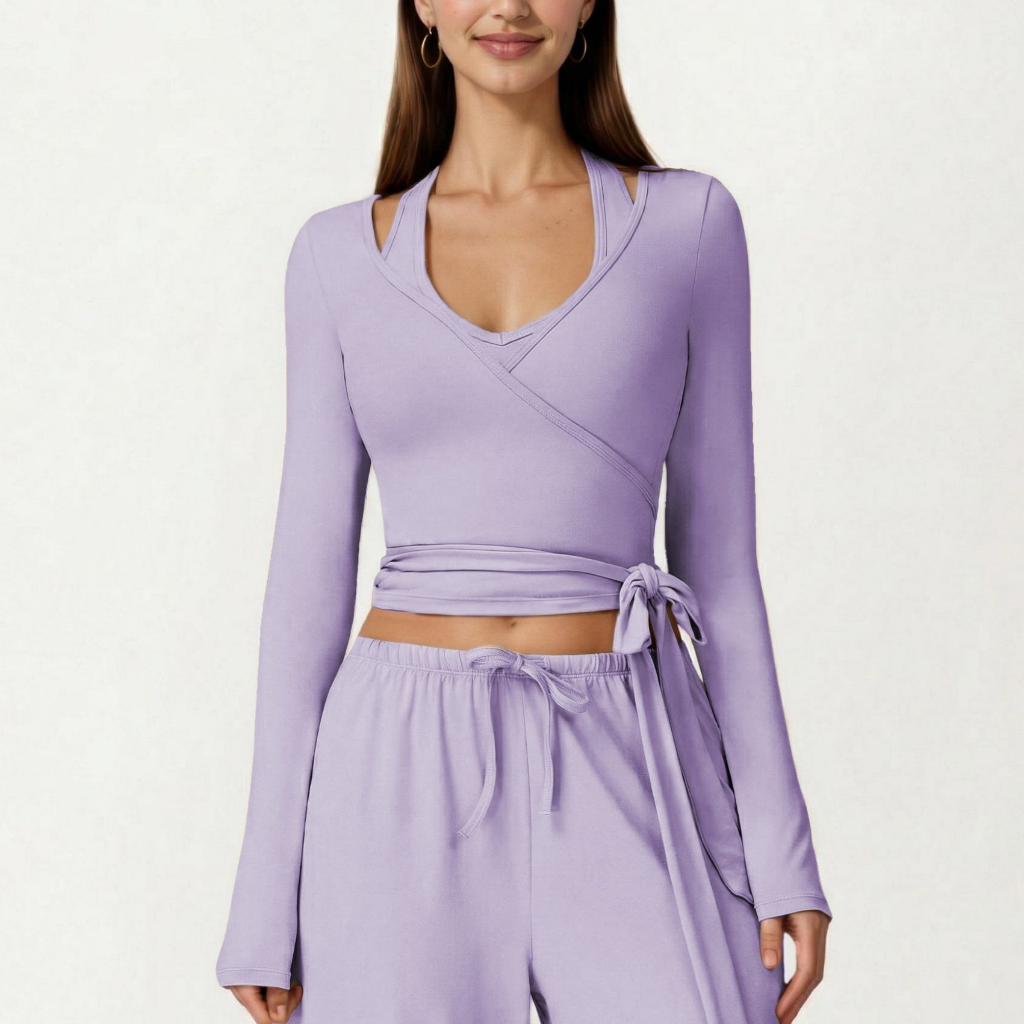 Anna-Kaci Women's Long Sleeve Wrap Front Crop Top with Tie Waist V Neck Fitted Stretch Knit Shirt