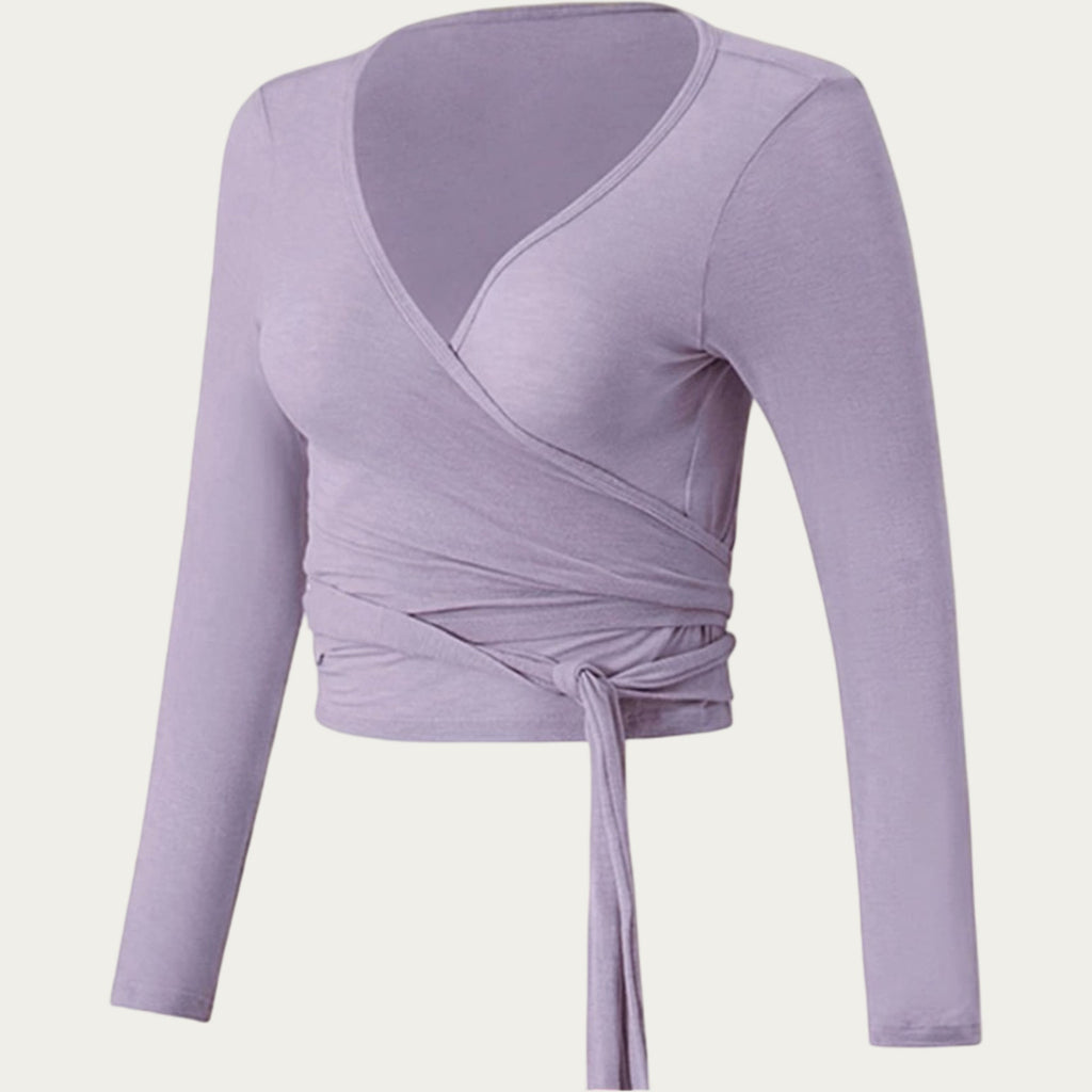 Anna-Kaci Women's Long Sleeve Wrap Front Crop Top with Tie Waist V Neck Fitted Stretch Knit Shirt