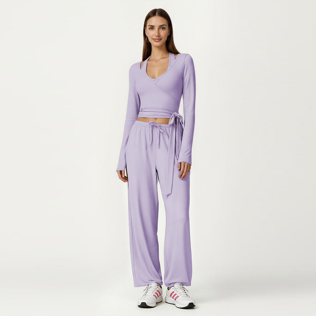 Anna-Kaci Women's Long Sleeve Wrap Front Crop Top with Tie Waist V Neck Fitted Stretch Knit Shirt