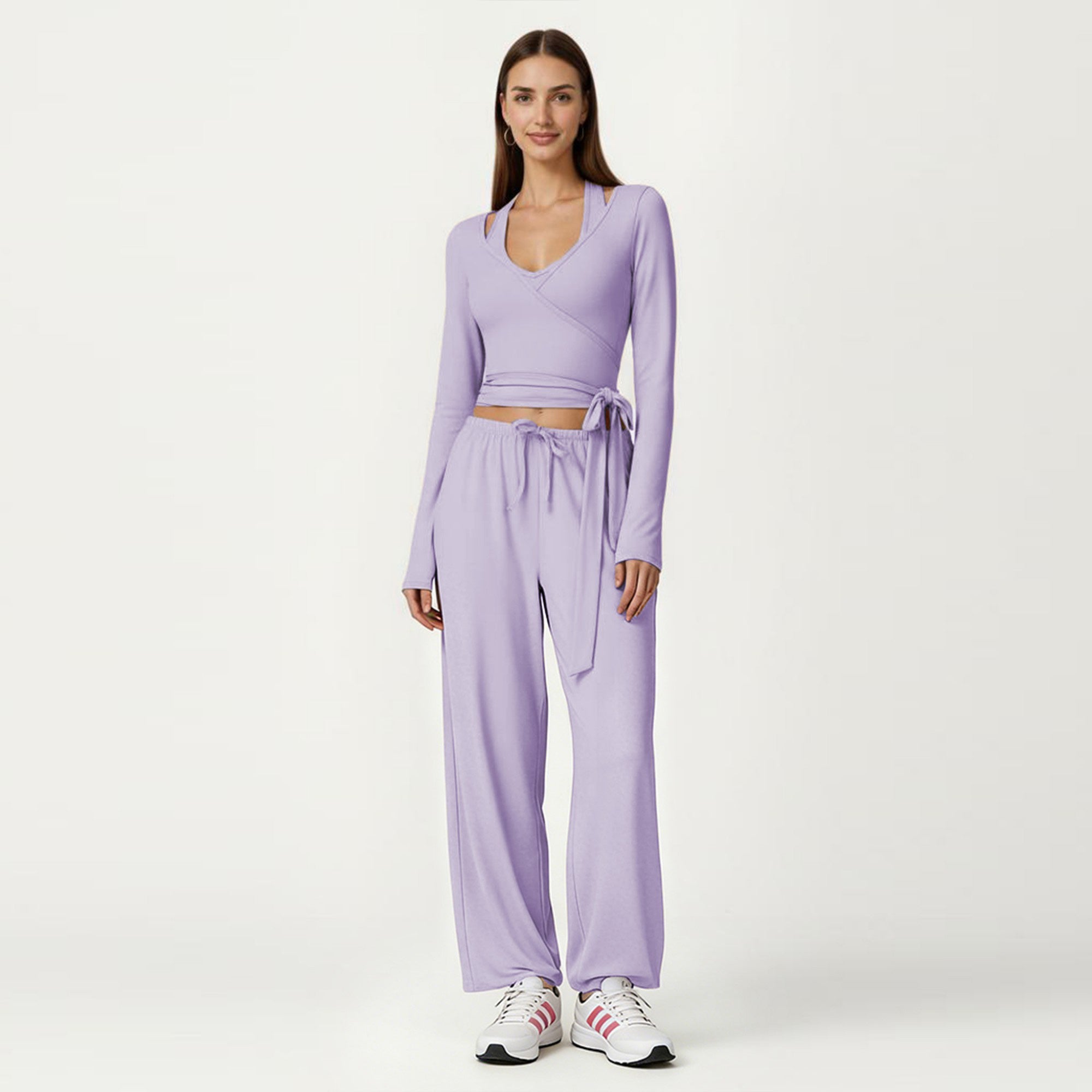Anna-Kaci Women's Long Sleeve Wrap Front Crop Top with Tie Waist V Neck Fitted Stretch Knit Shirt