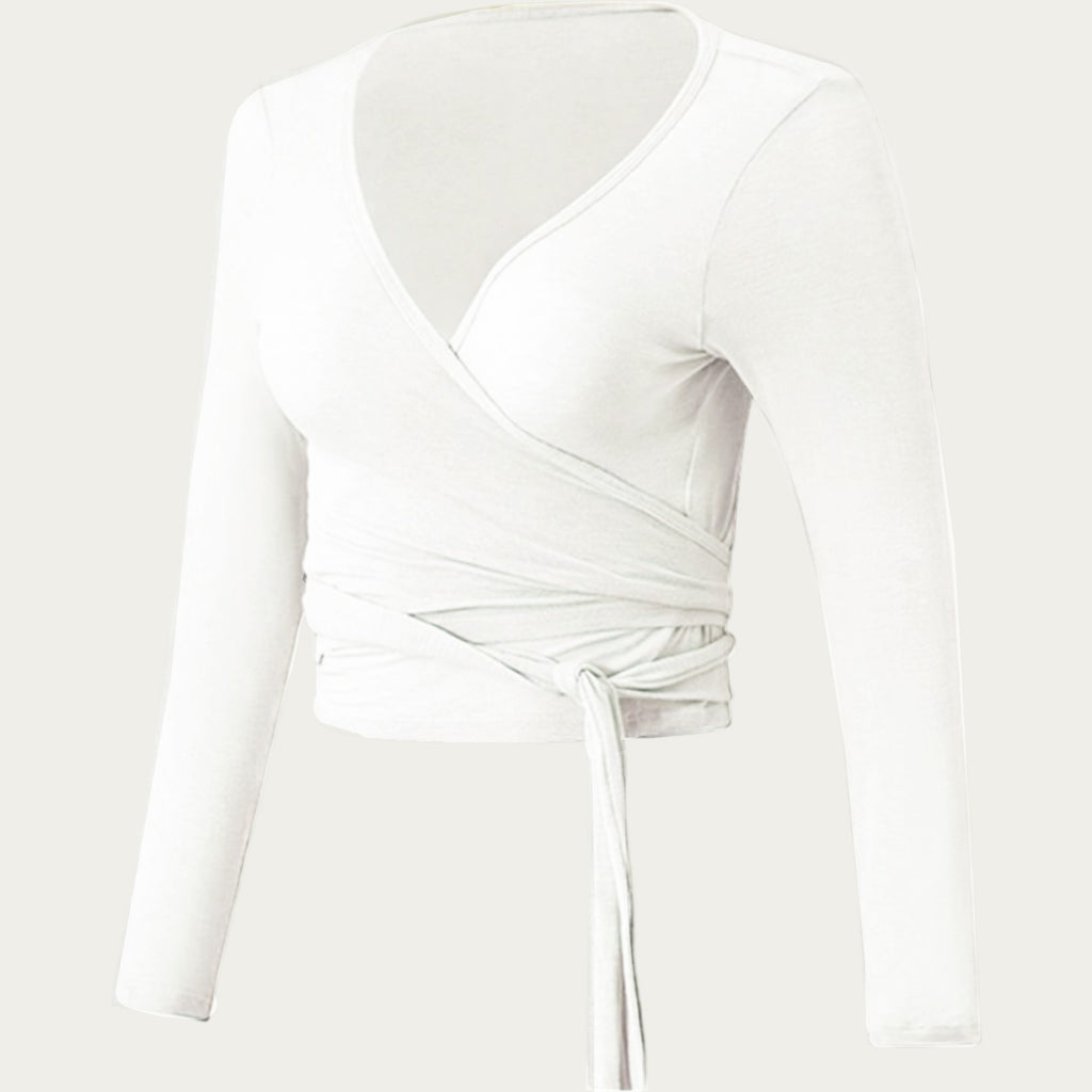 Anna-Kaci Women's Long Sleeve Wrap Front Crop Top with Tie Waist V Neck Fitted Stretch Knit Shirt