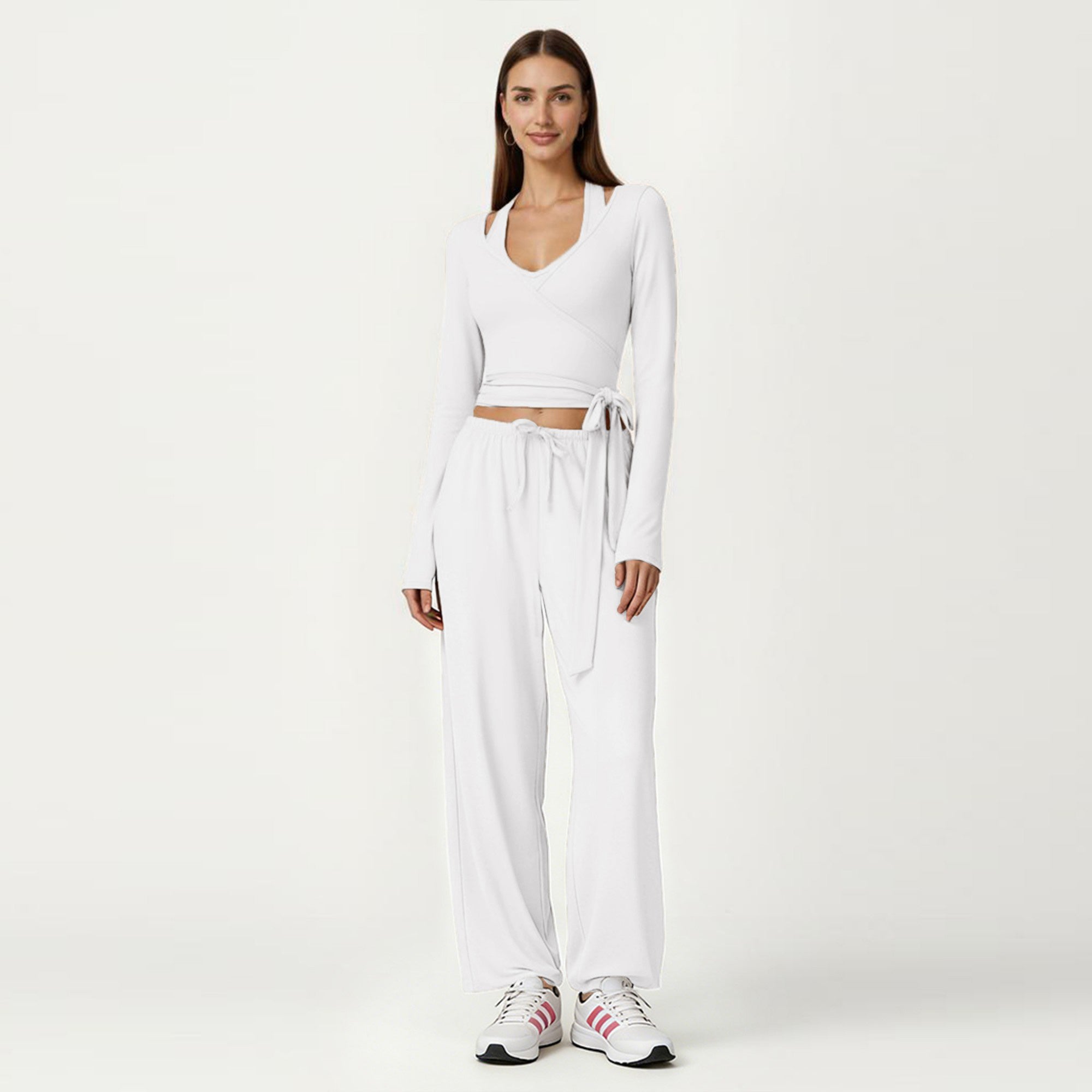 Anna-Kaci Women's Long Sleeve Wrap Front Crop Top with Tie Waist V Neck Fitted Stretch Knit Shirt