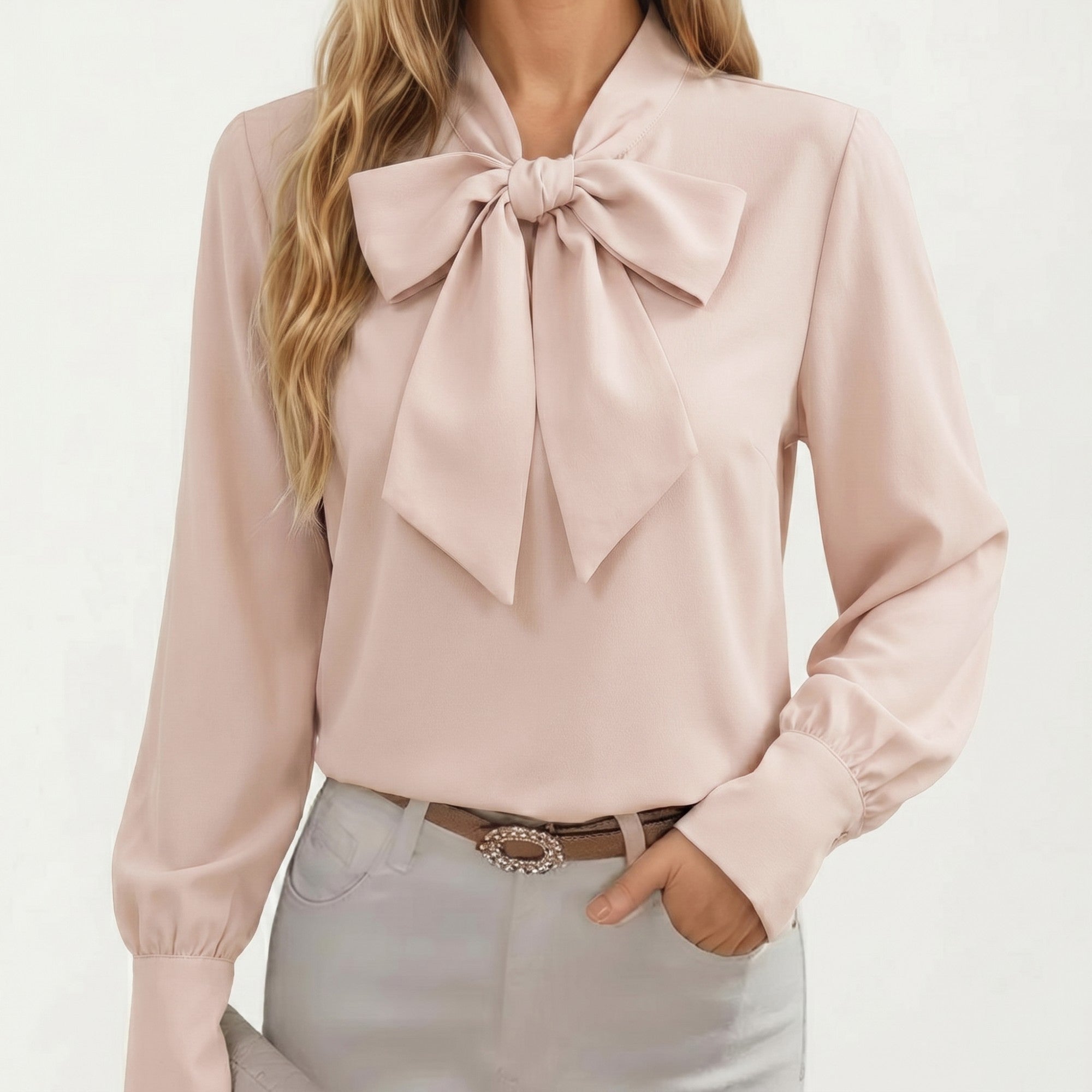 Anna-Kaci Women's Satin Bow Neck Blouse with Long Puff Sleeves and Wide Cuffs