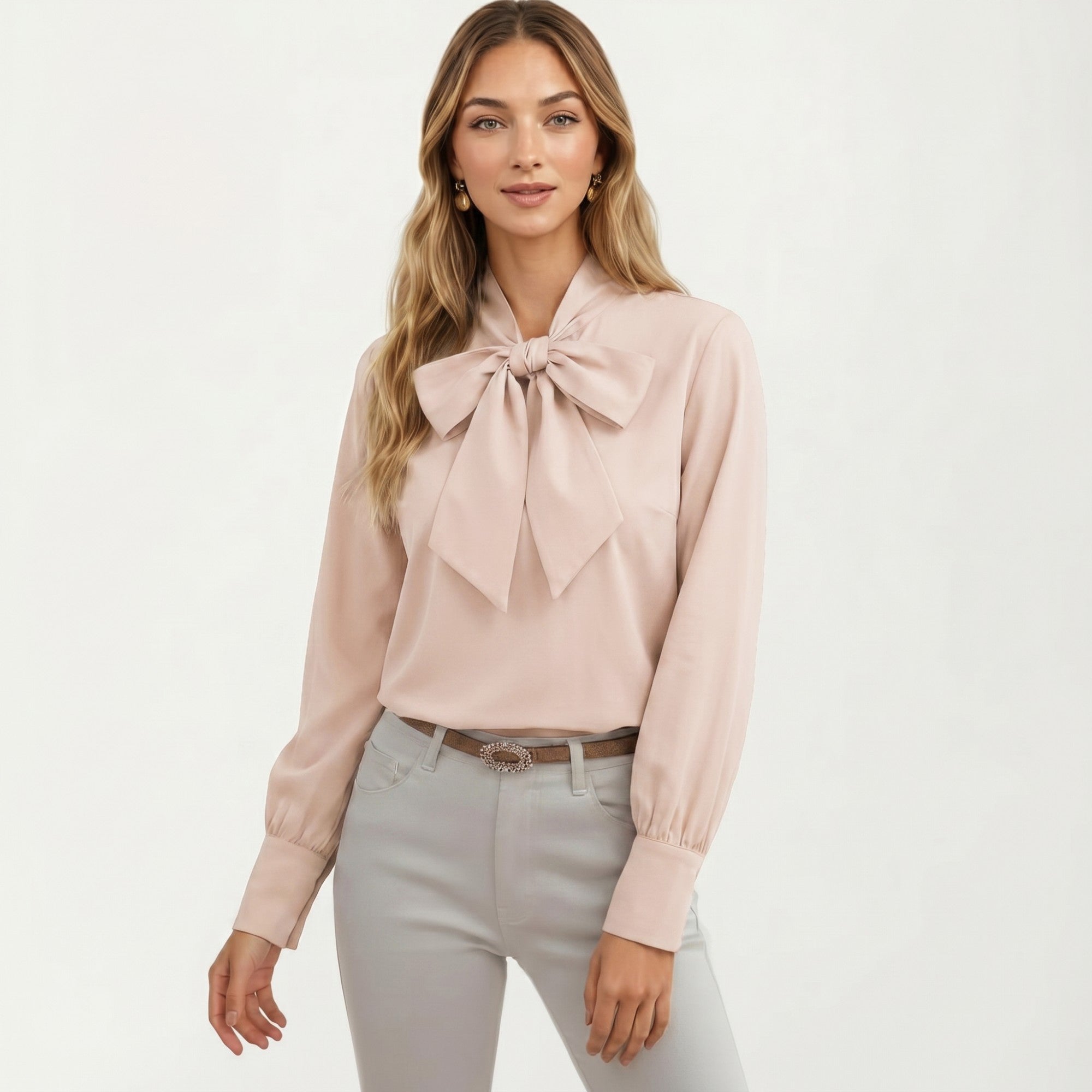 Anna-Kaci Women's Satin Bow Neck Blouse with Long Puff Sleeves and Wide Cuffs