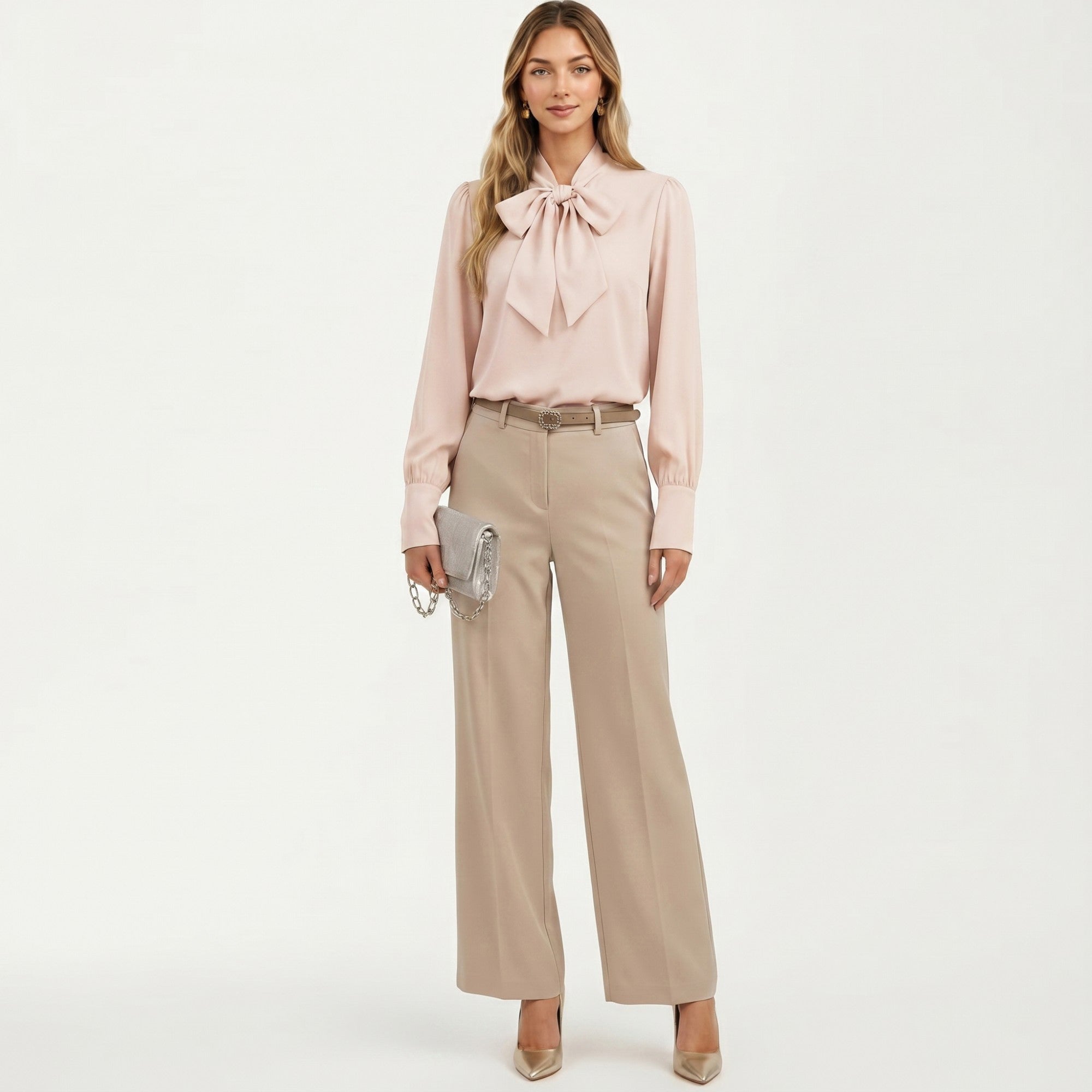 Anna-Kaci Women's Satin Bow Neck Blouse with Long Puff Sleeves and Wide Cuffs