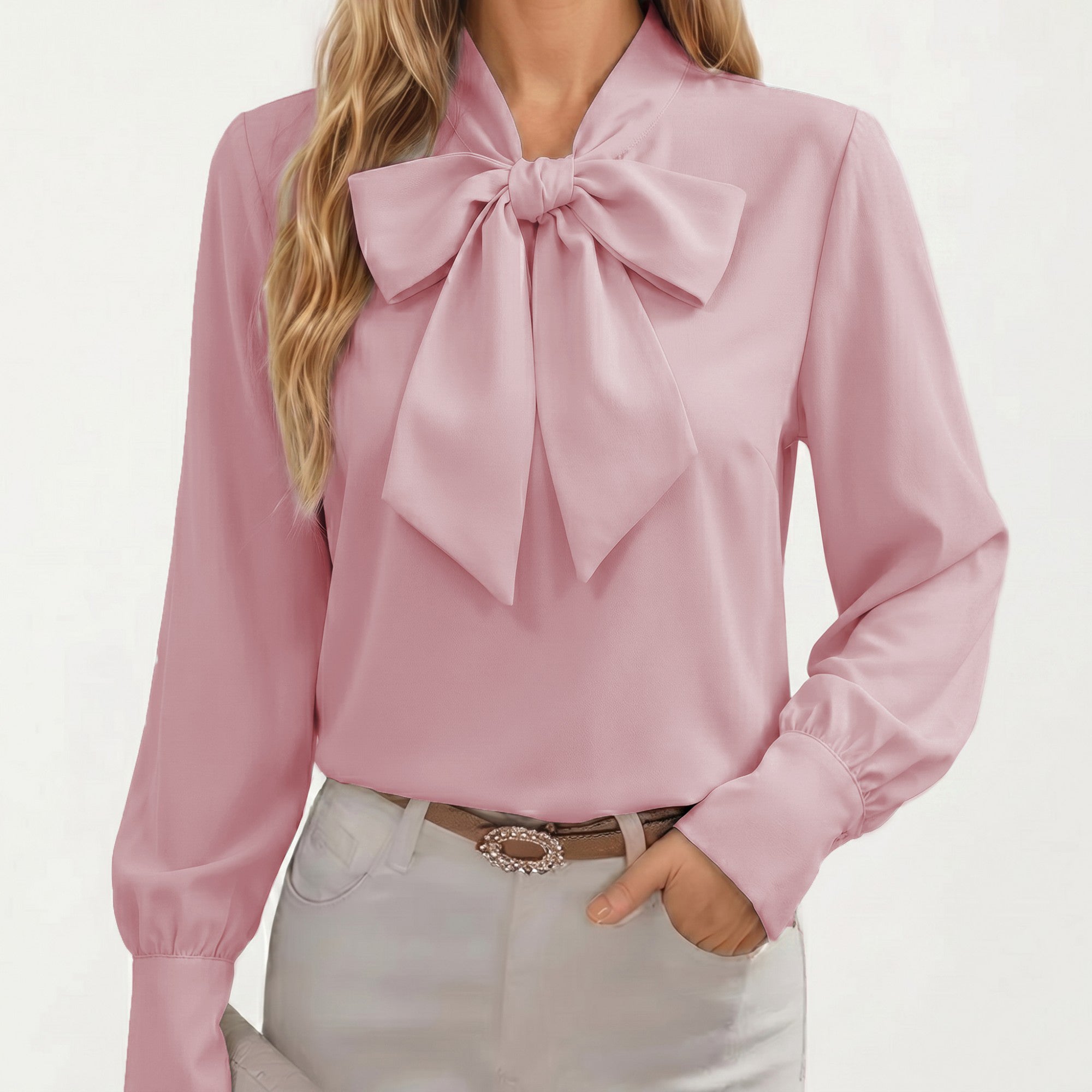 Anna-Kaci Women's Satin Bow Neck Blouse with Long Puff Sleeves and Wide Cuffs