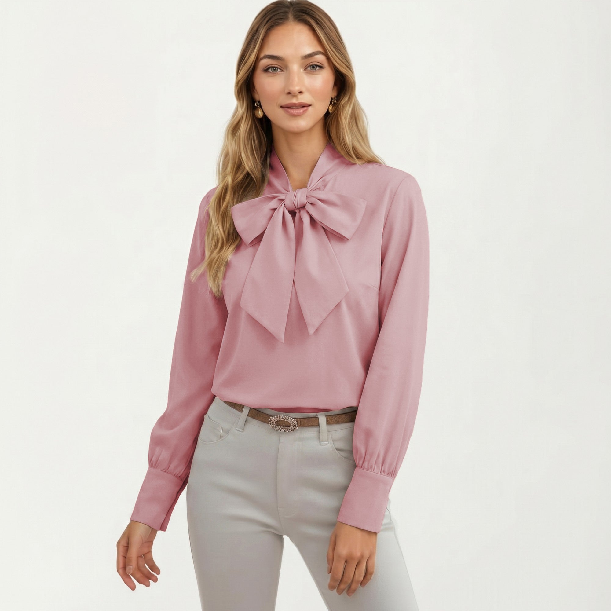 Anna-Kaci Women's Satin Bow Neck Blouse with Long Puff Sleeves and Wide Cuffs