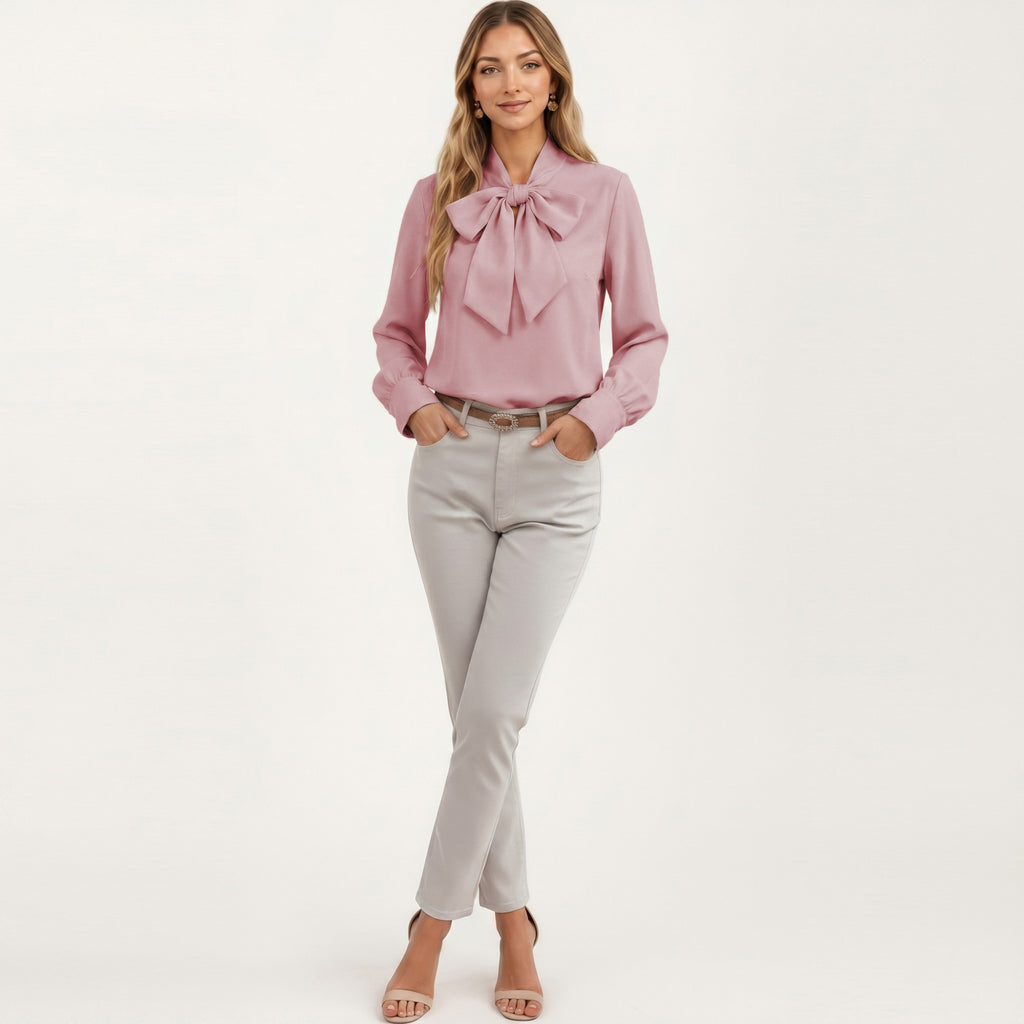 Anna-Kaci Women's Satin Bow Neck Blouse with Long Puff Sleeves and Wide Cuffs