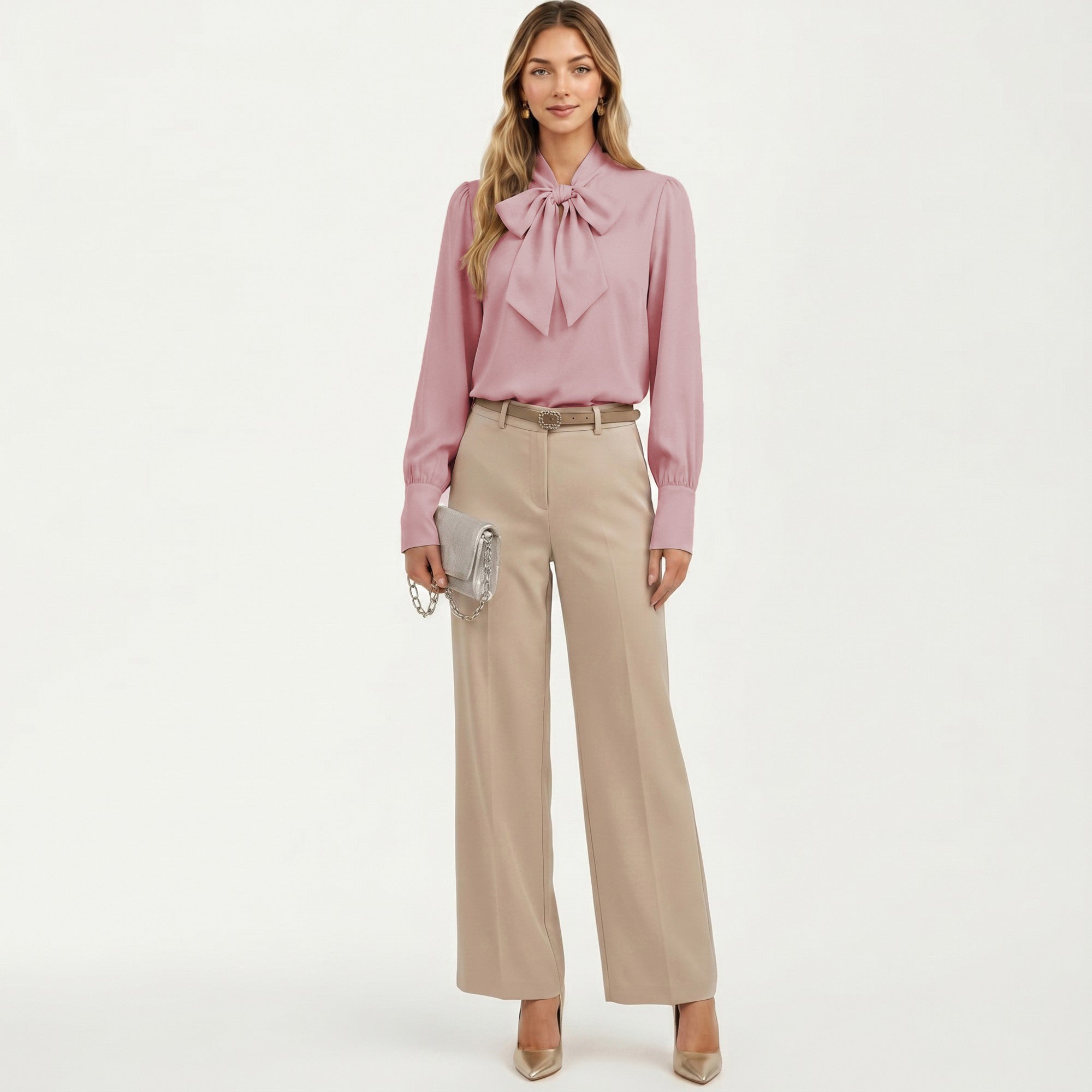 Anna-Kaci Women's Satin Bow Neck Blouse with Long Puff Sleeves and Wide Cuffs