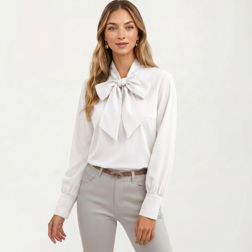 Anna-Kaci Women's Satin Bow Neck Blouse with Long Puff Sleeves and Wide Cuffs