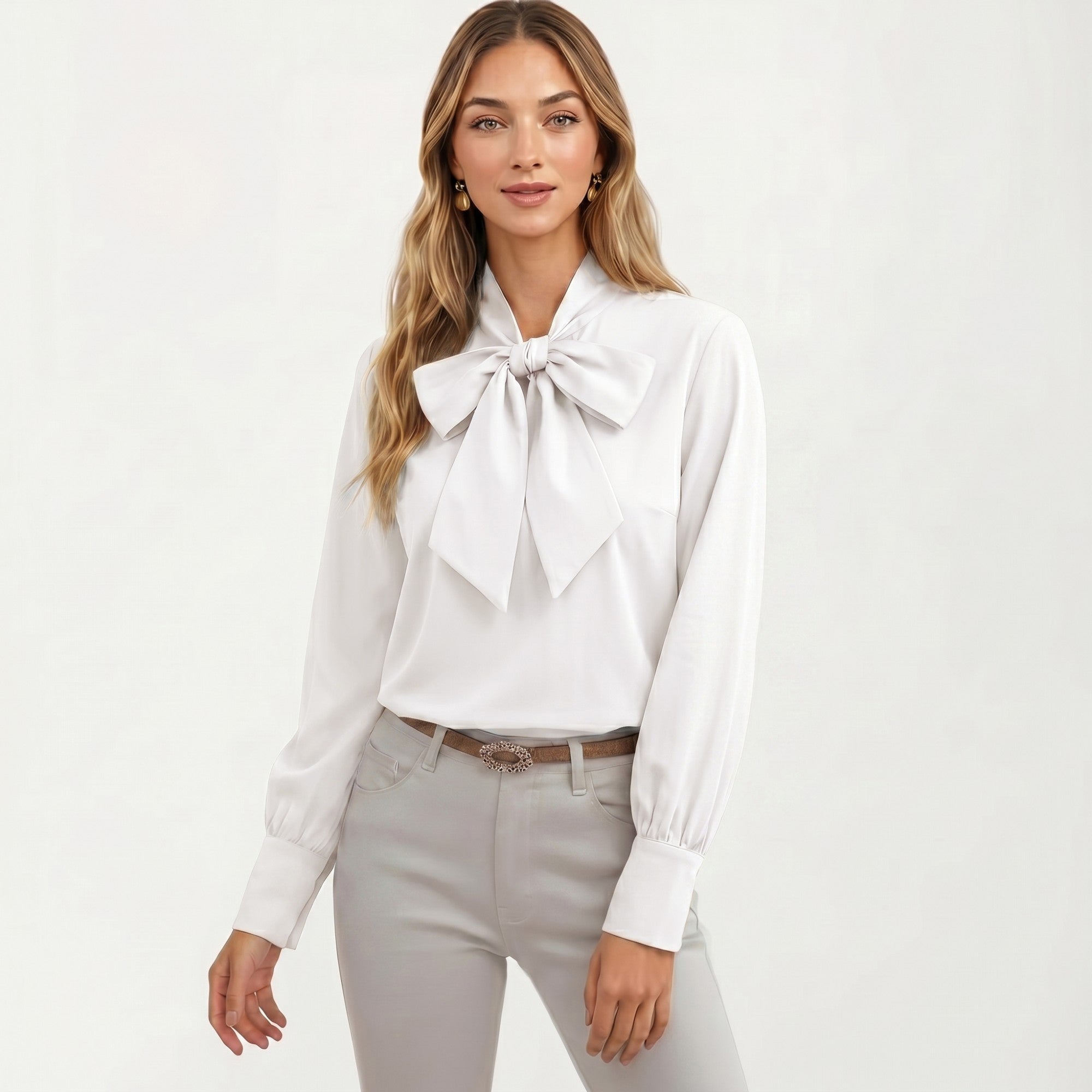 Anna-Kaci Women's Satin Bow Neck Blouse with Long Puff Sleeves and Wide Cuffs