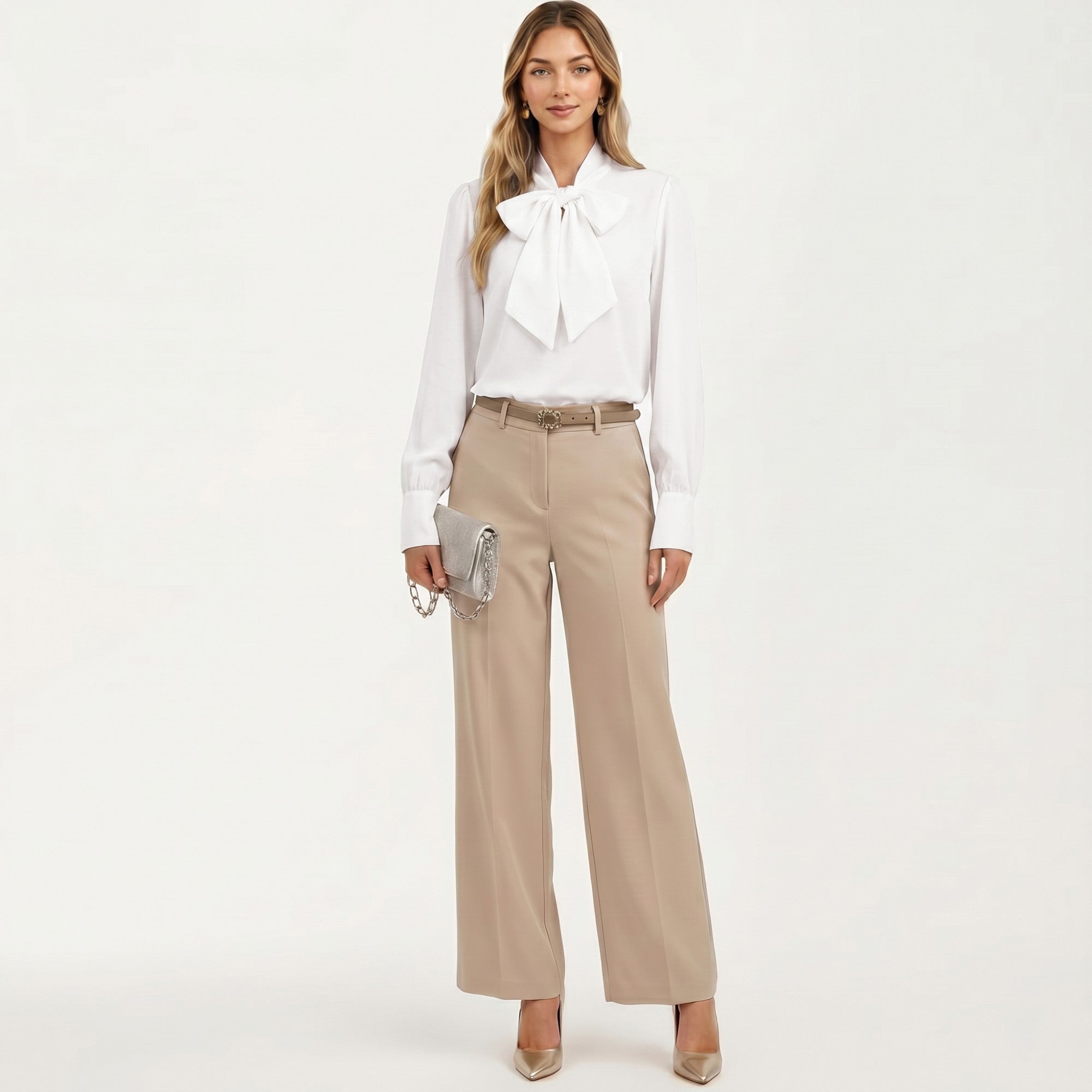 Anna-Kaci Women's Satin Bow Neck Blouse with Long Puff Sleeves and Wide Cuffs