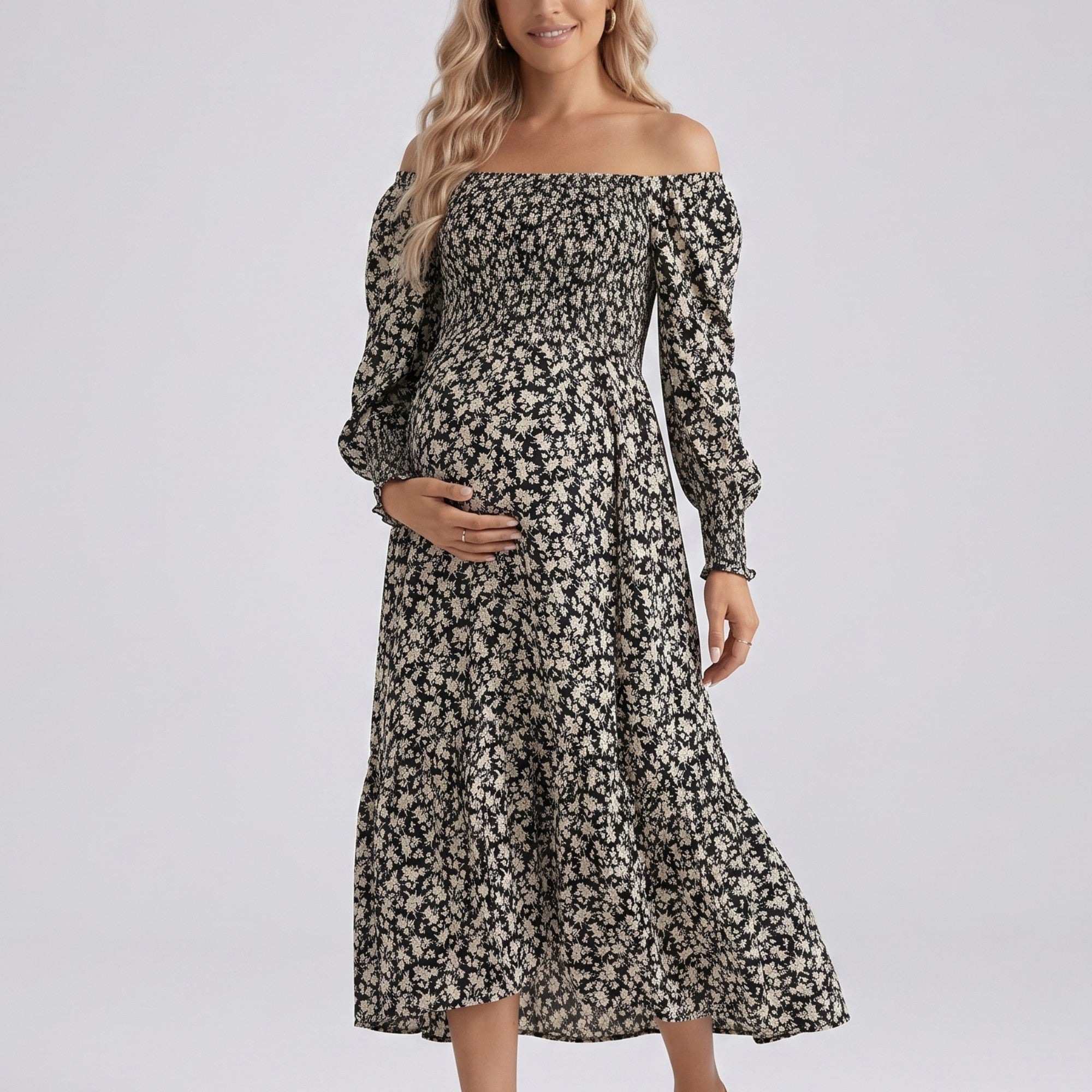 Anna-Kaci Women's Maternity Off Shoulder Floral Midi Dress with Smocked Bodice and Tiered Hem