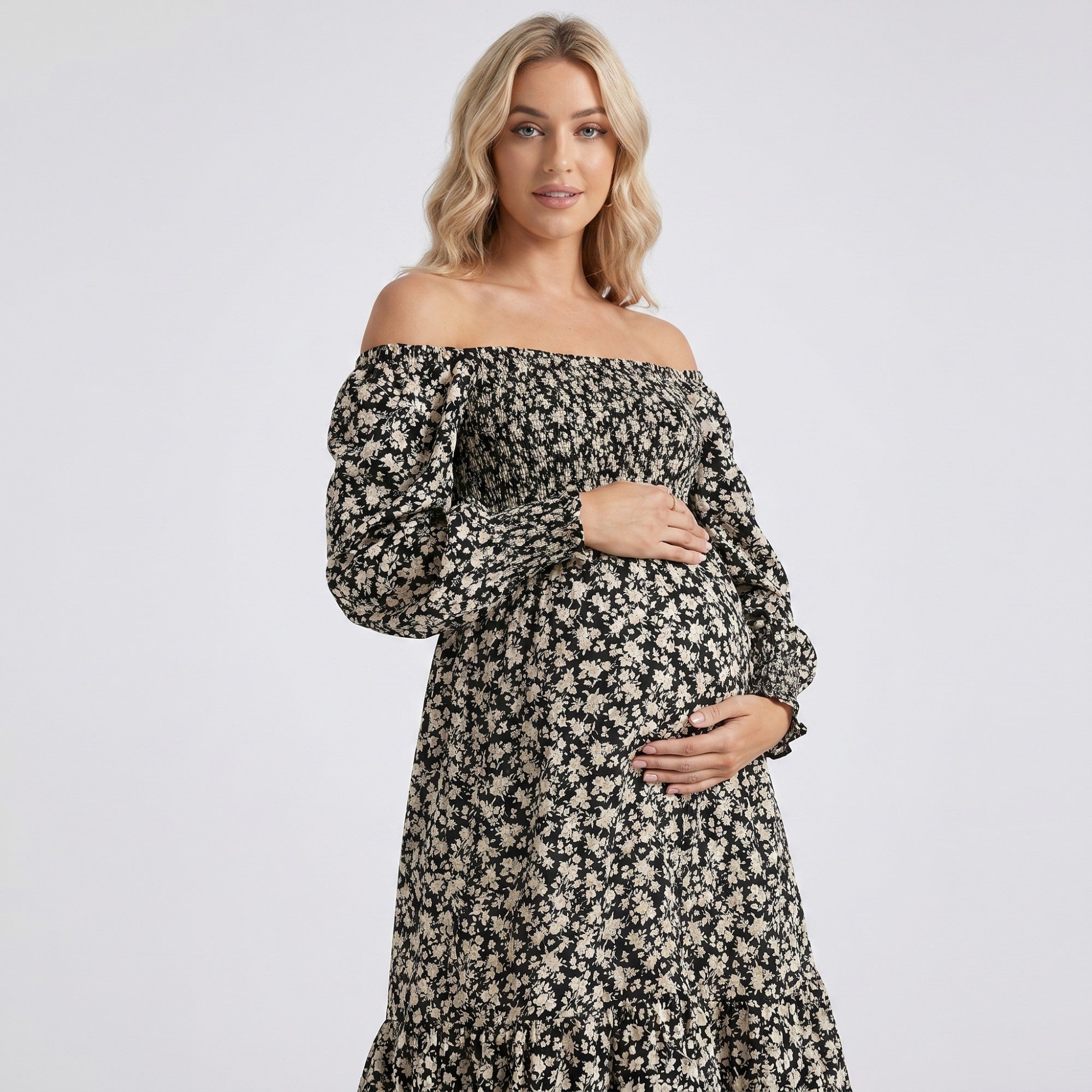 Anna-Kaci Women's Maternity Off Shoulder Floral Midi Dress with Smocked Bodice and Tiered Hem