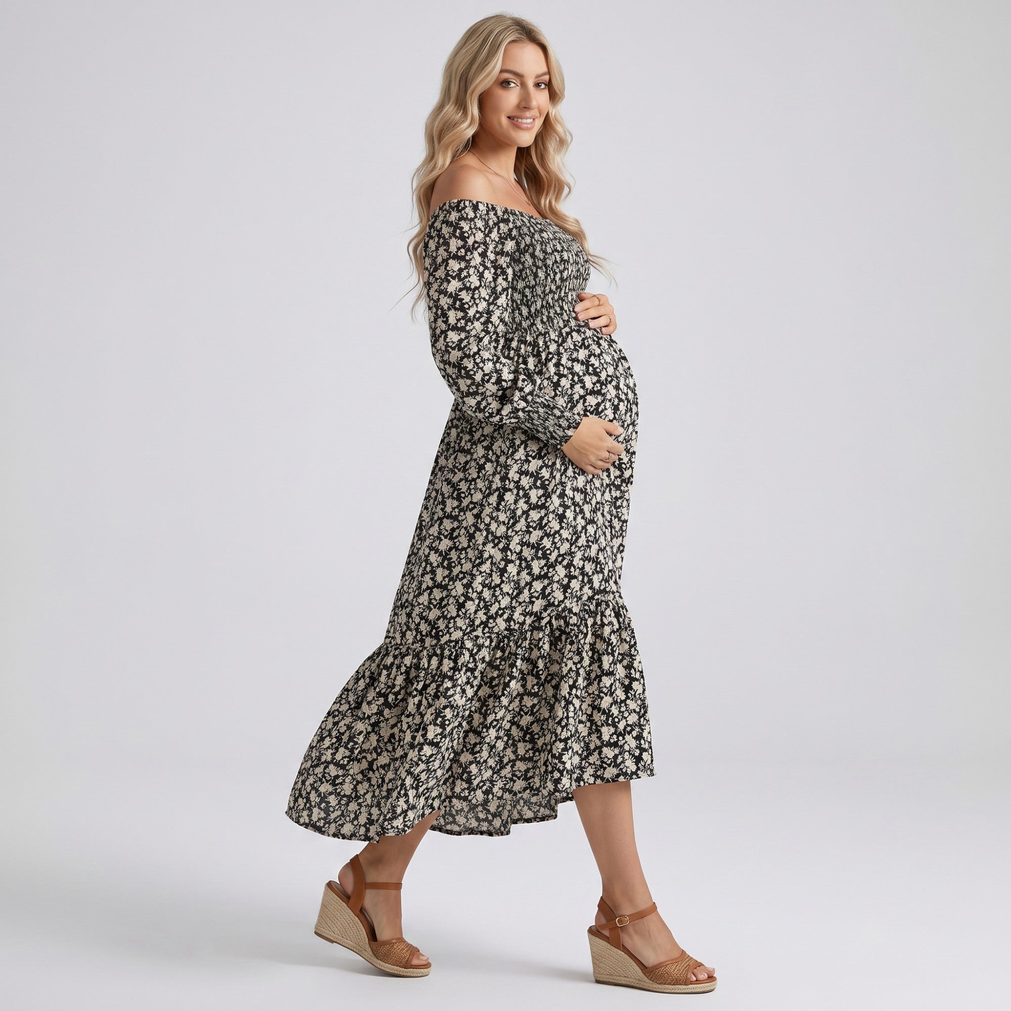 Anna-Kaci Women's Maternity Off Shoulder Floral Midi Dress with Smocked Bodice and Tiered Hem
