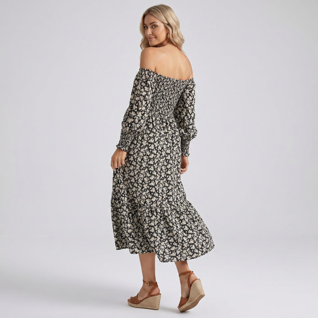 Anna-Kaci Women's Maternity Off Shoulder Floral Midi Dress with Smocked Bodice and Tiered Hem