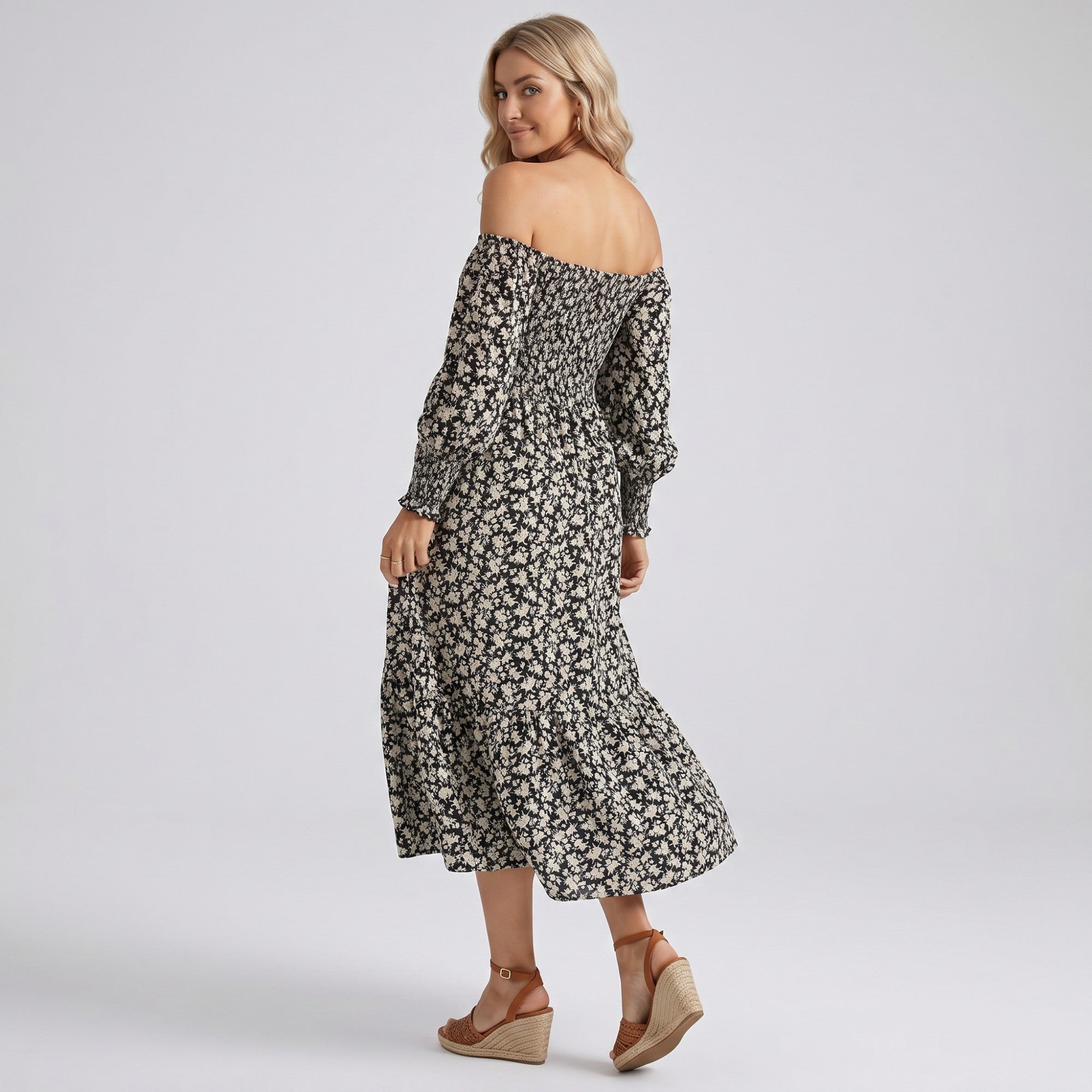 Anna-Kaci Women's Maternity Off Shoulder Floral Midi Dress with Smocked Bodice and Tiered Hem